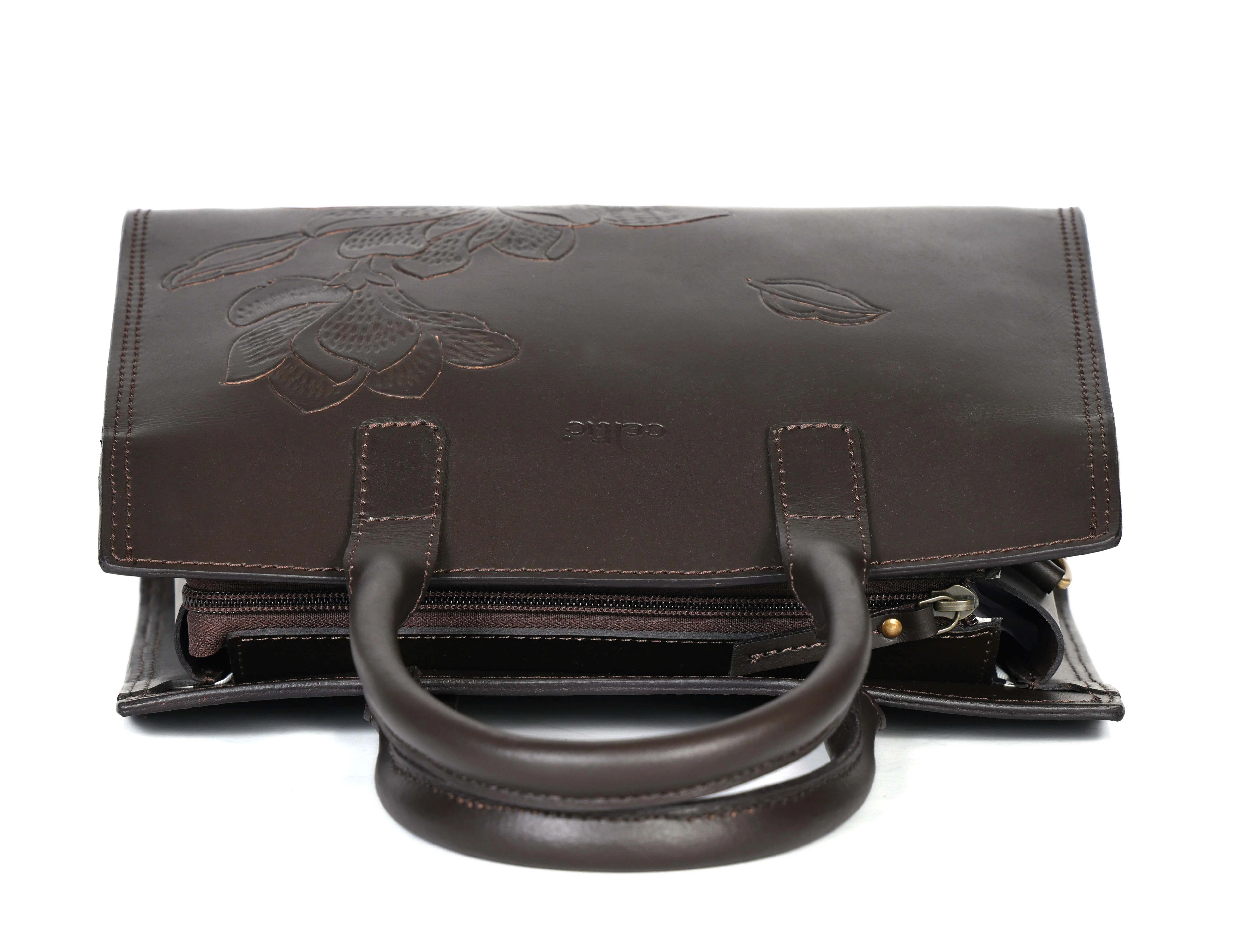 Premium Genuine Leather Tote with Floral Embossing, Top Handles, Zip Closure - Image 18
