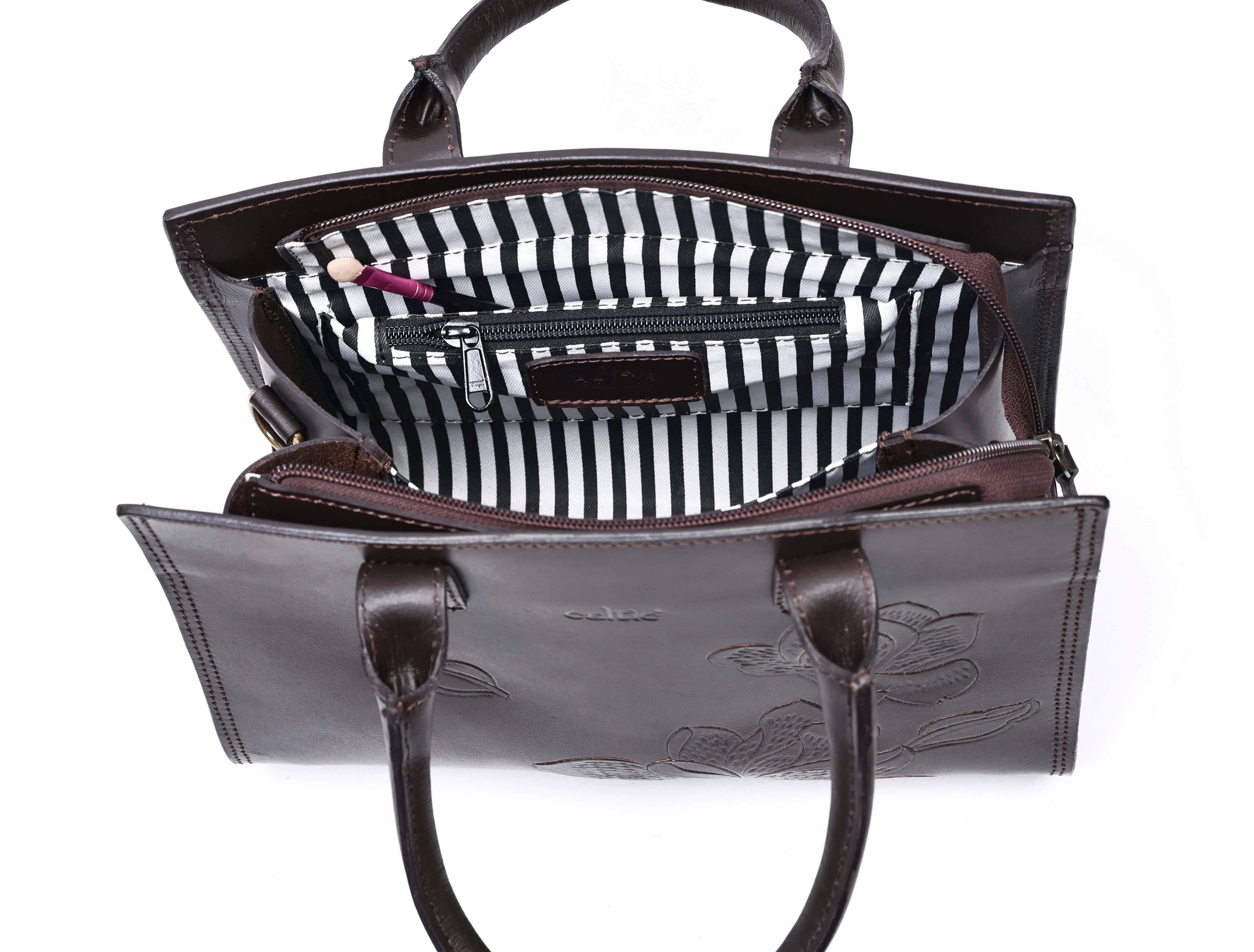 Premium Genuine Leather Tote with Floral Embossing, Top Handles, Zip Closure - Image 19