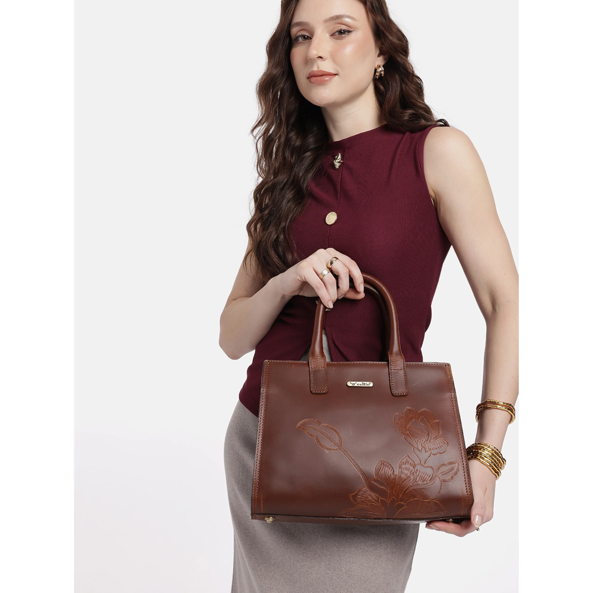Premium Genuine Leather Tote with Floral Embossing, Top Handles, Zip Closure - Image 21