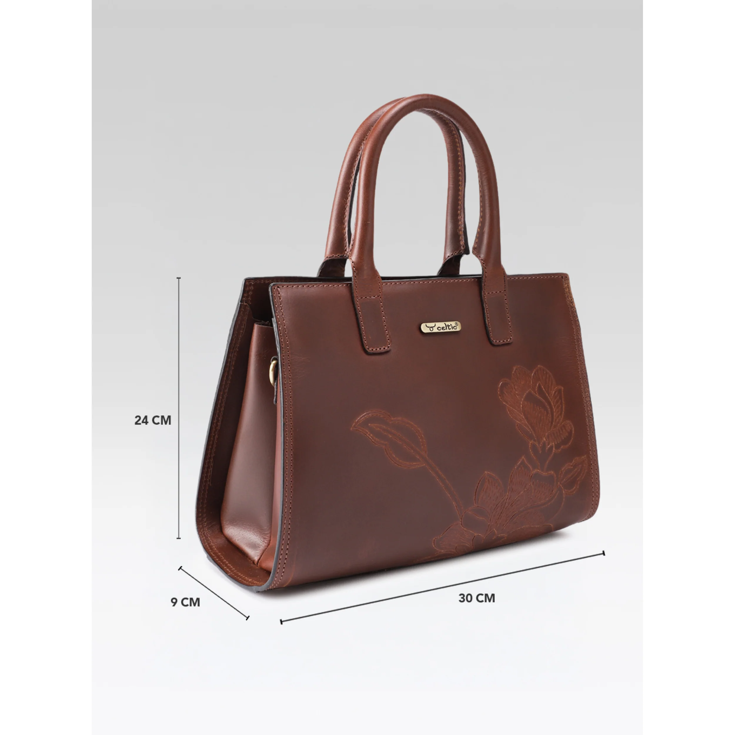 Premium Genuine Leather Tote with Floral Embossing, Top Handles, Zip Closure - Image 22