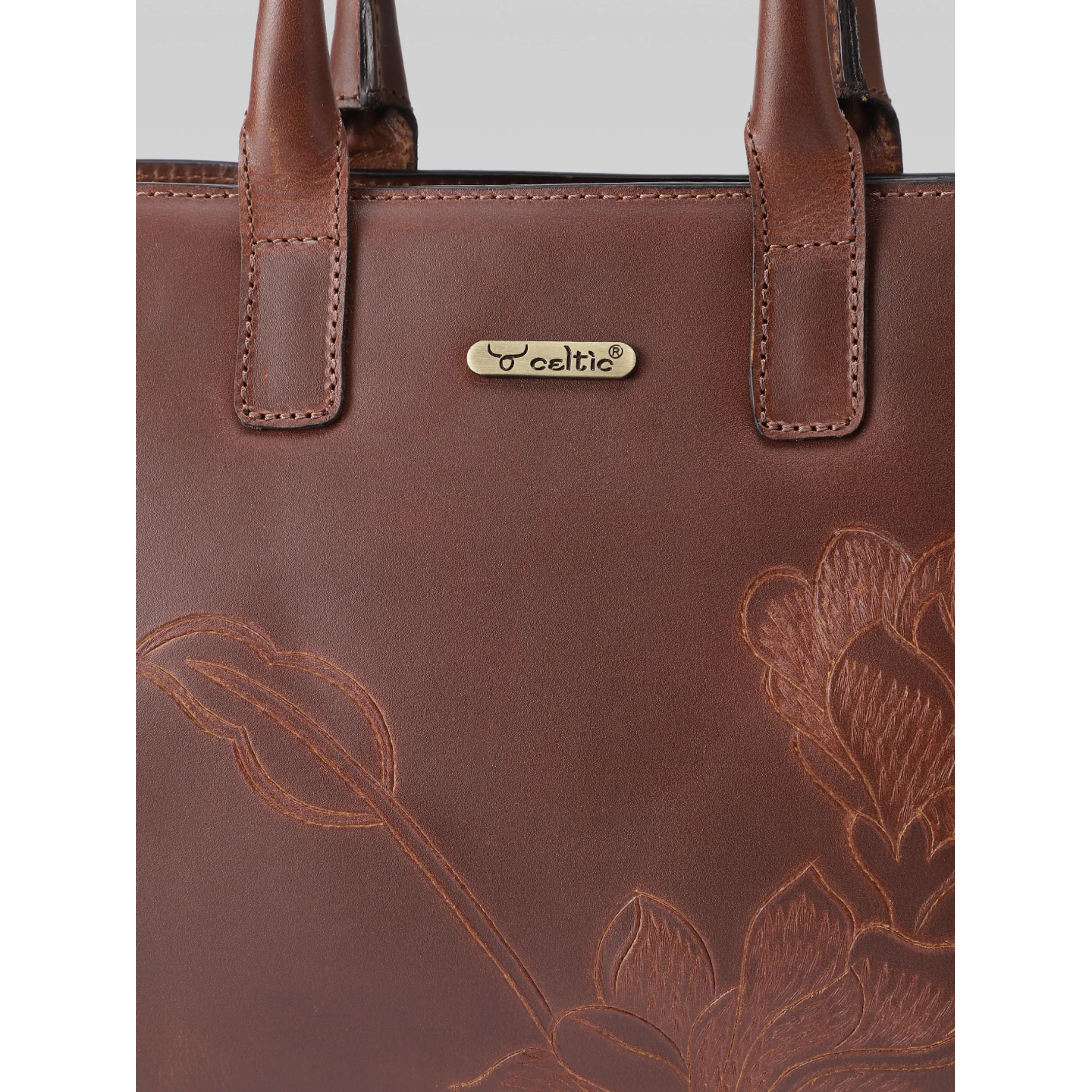 Premium Genuine Leather Tote with Floral Embossing, Top Handles, Zip Closure - Image 26