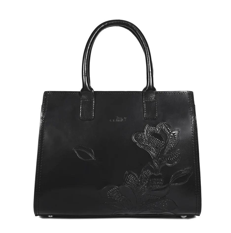 Premium Genuine Leather Tote with Floral Embossing, Top Handles, Zip Closure - Image 3