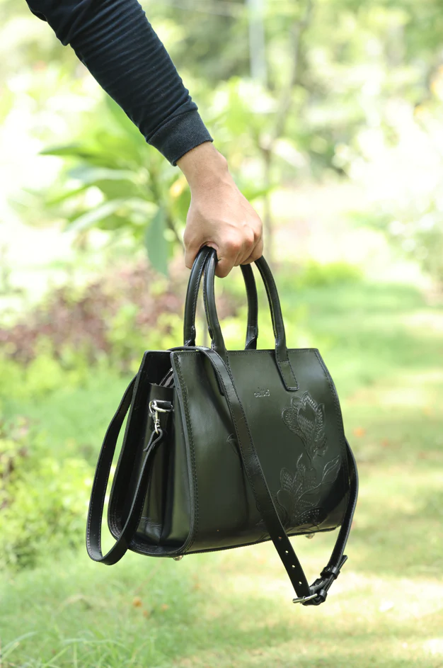 Premium Genuine Leather Tote with Floral Embossing, Top Handles, Zip Closure - Image 6