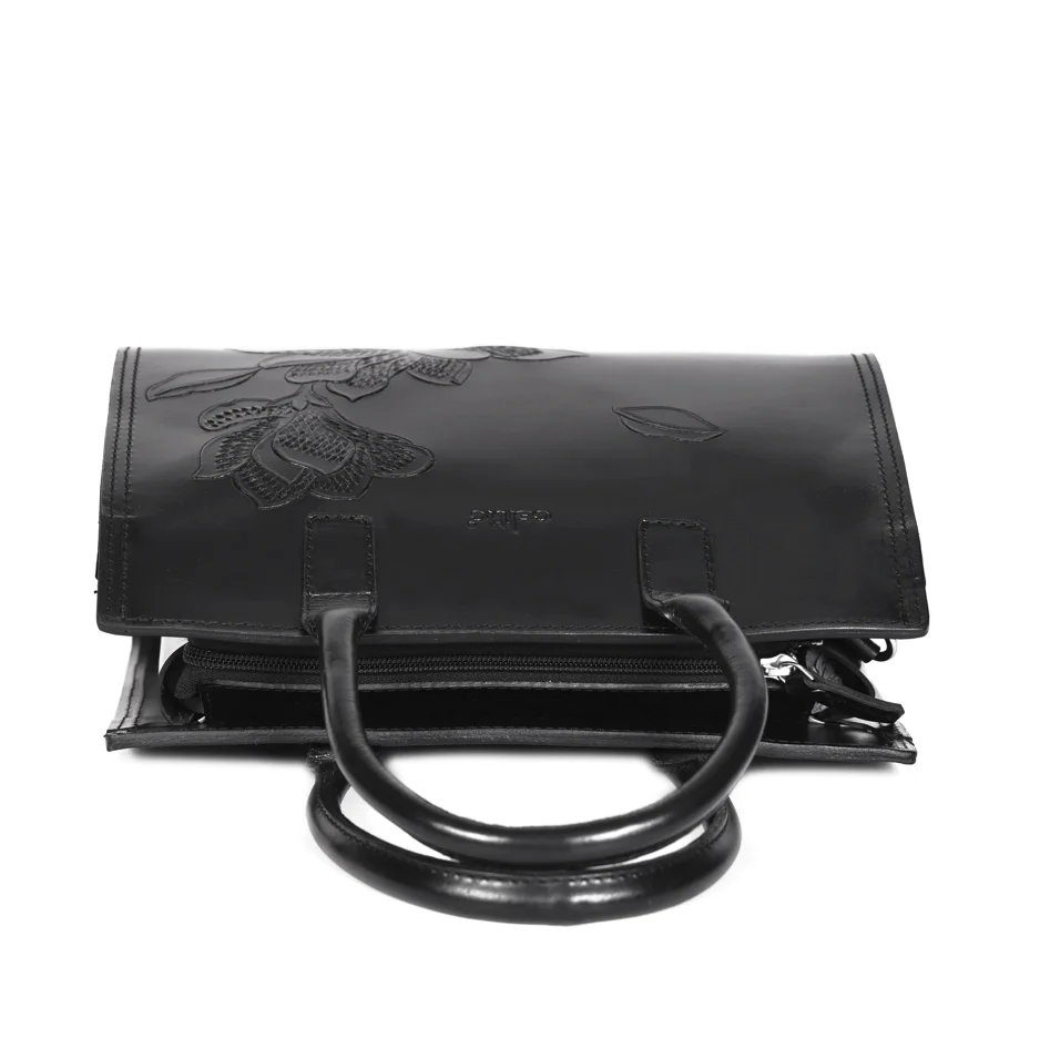 Premium Genuine Leather Tote with Floral Embossing, Top Handles, Zip Closure - Image 7