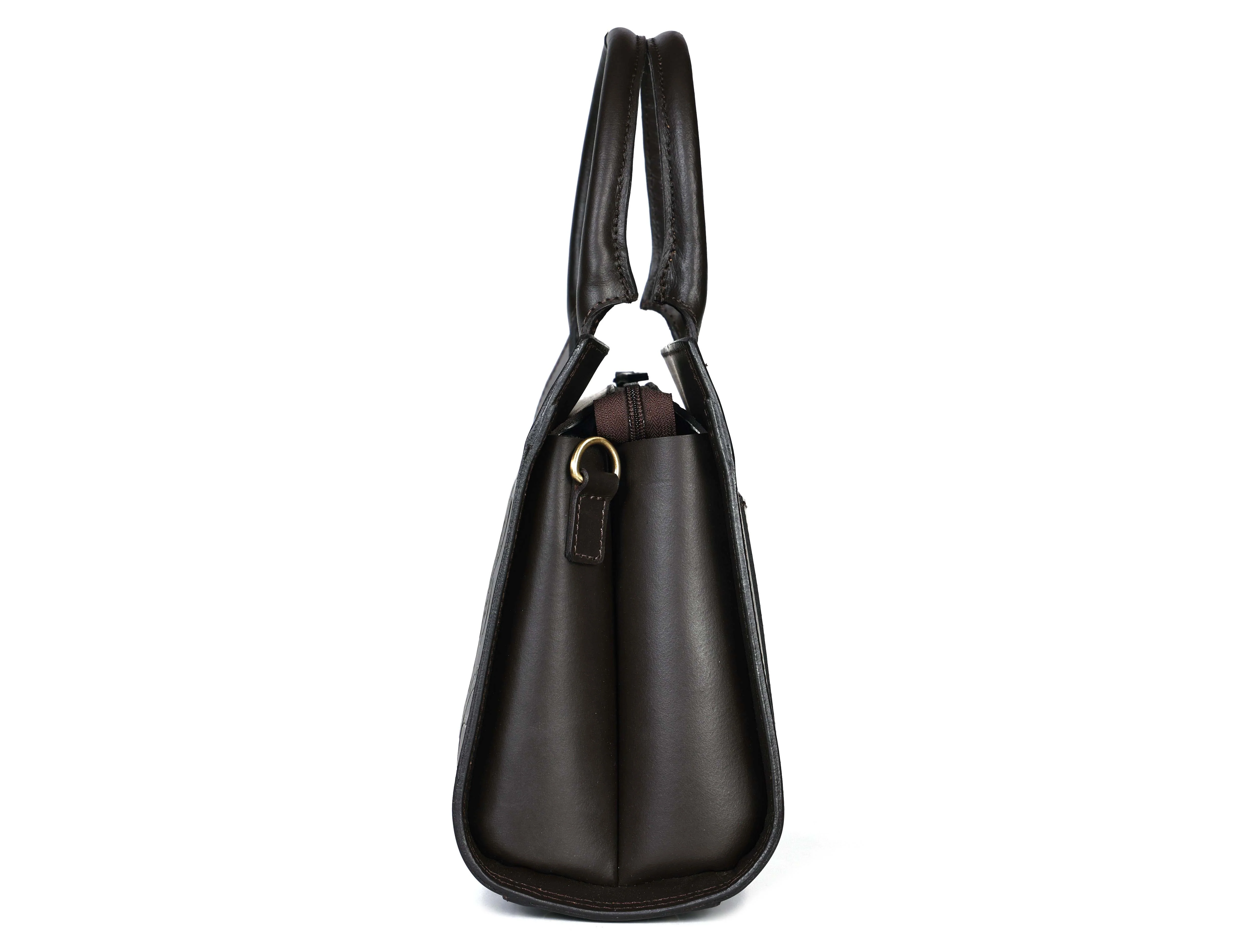 Premium Genuine Leather Tote with Floral Embossing, Top Handles, Zip Closure - Image 8