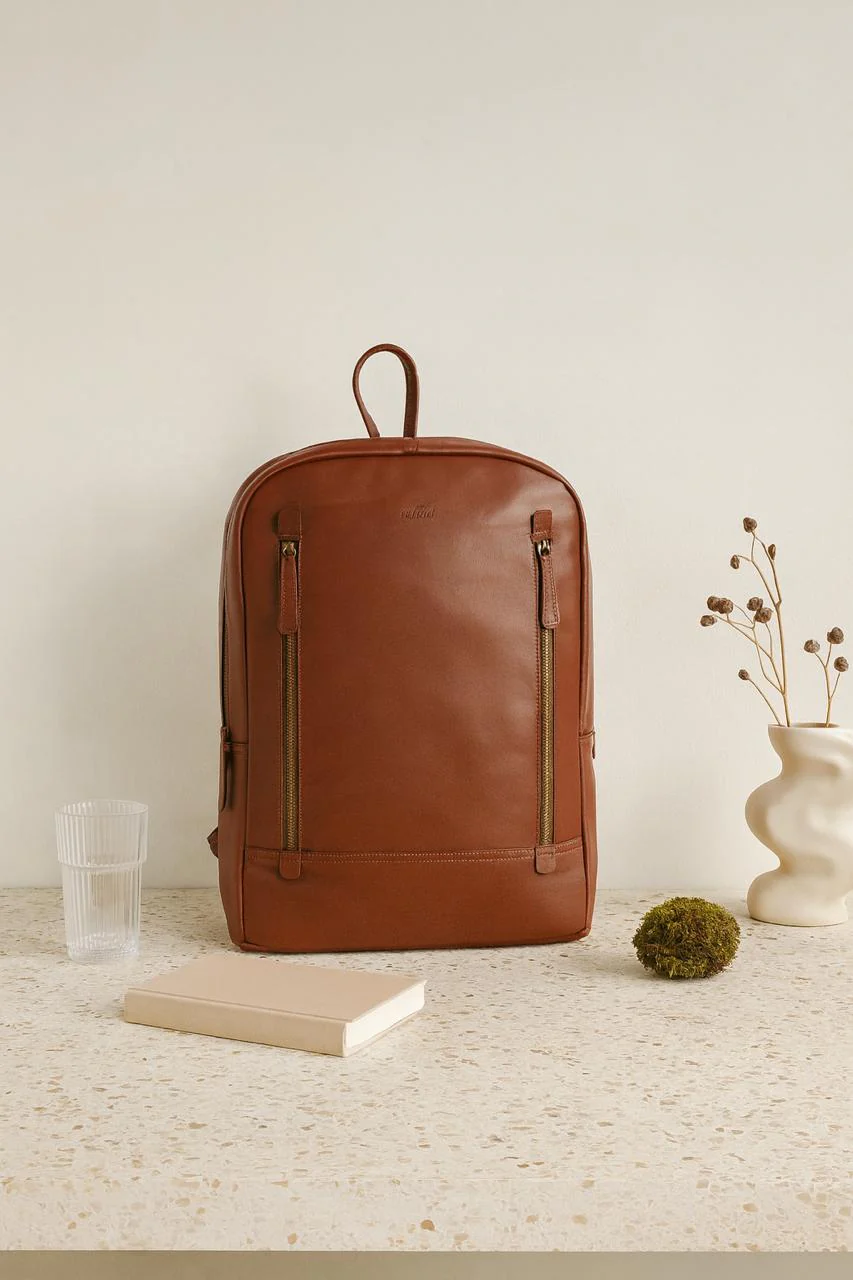 Premium Genuine Leather Laptop Backpack with Dual Front Zippers & Padded Interior