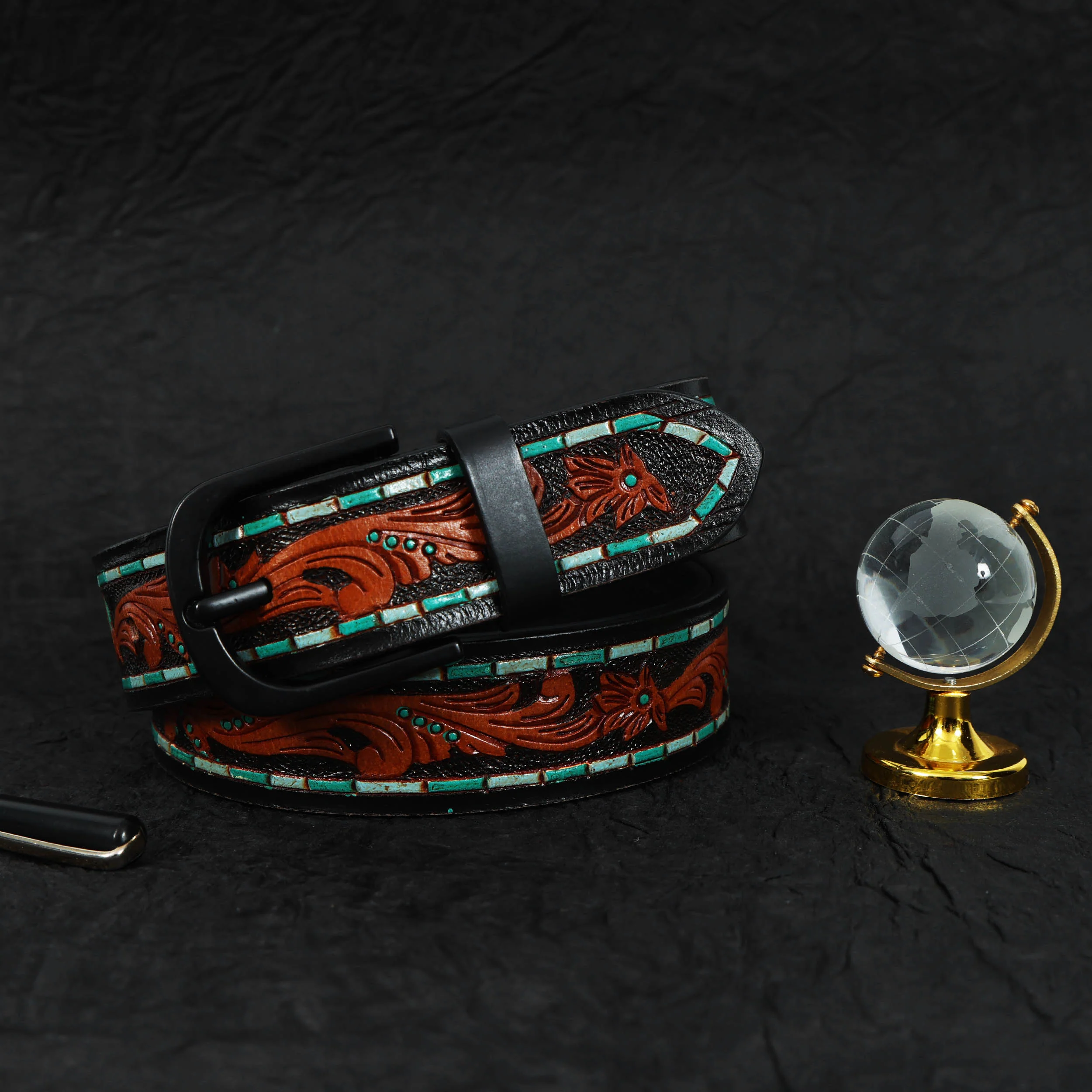 Unisex Genuine Leather Embossed Brown Turquoise Western Casual Waistbelt Matte Black Buckle - Image 2