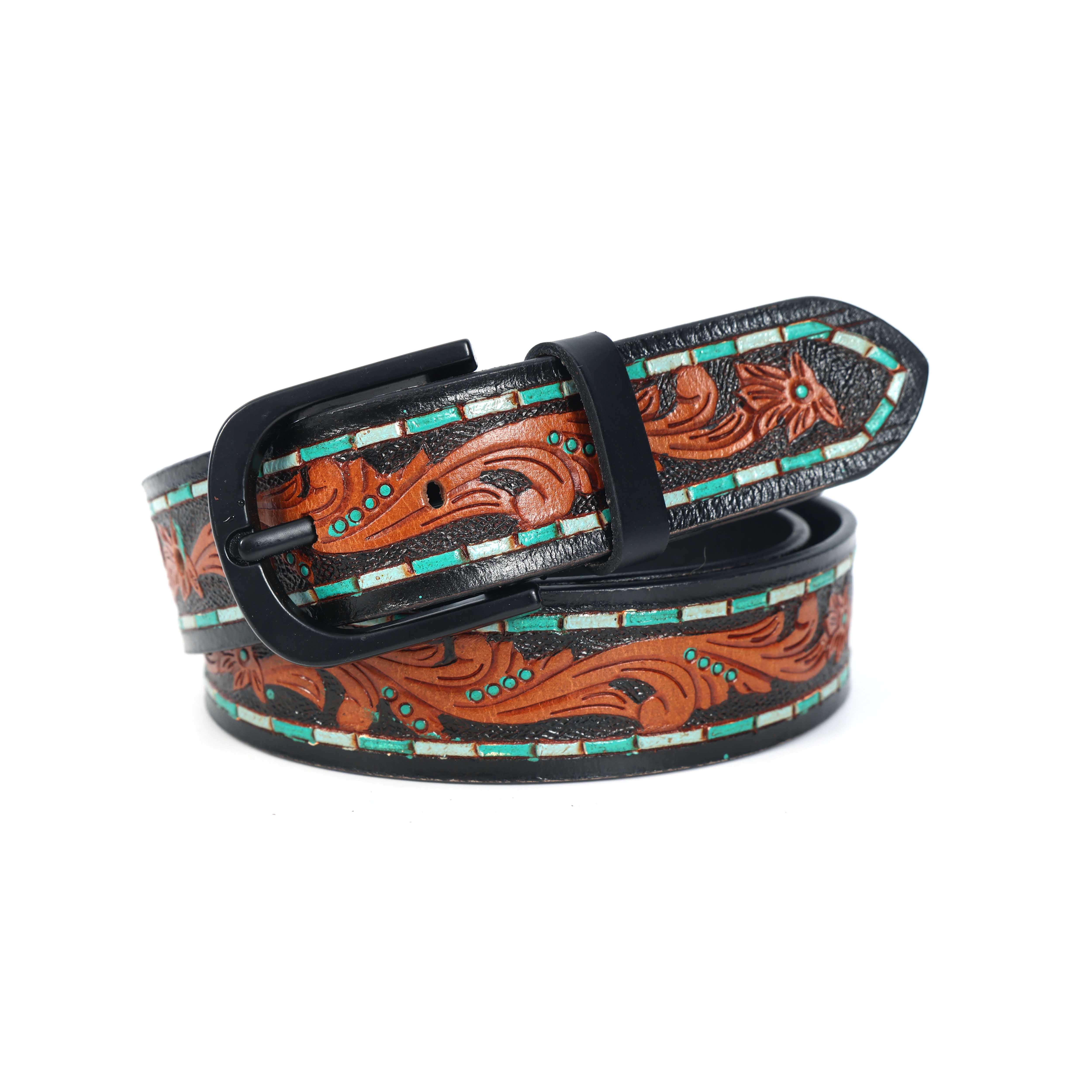 Unisex Genuine Leather Embossed Brown Turquoise Western Casual Waistbelt Matte Black Buckle - Image 3