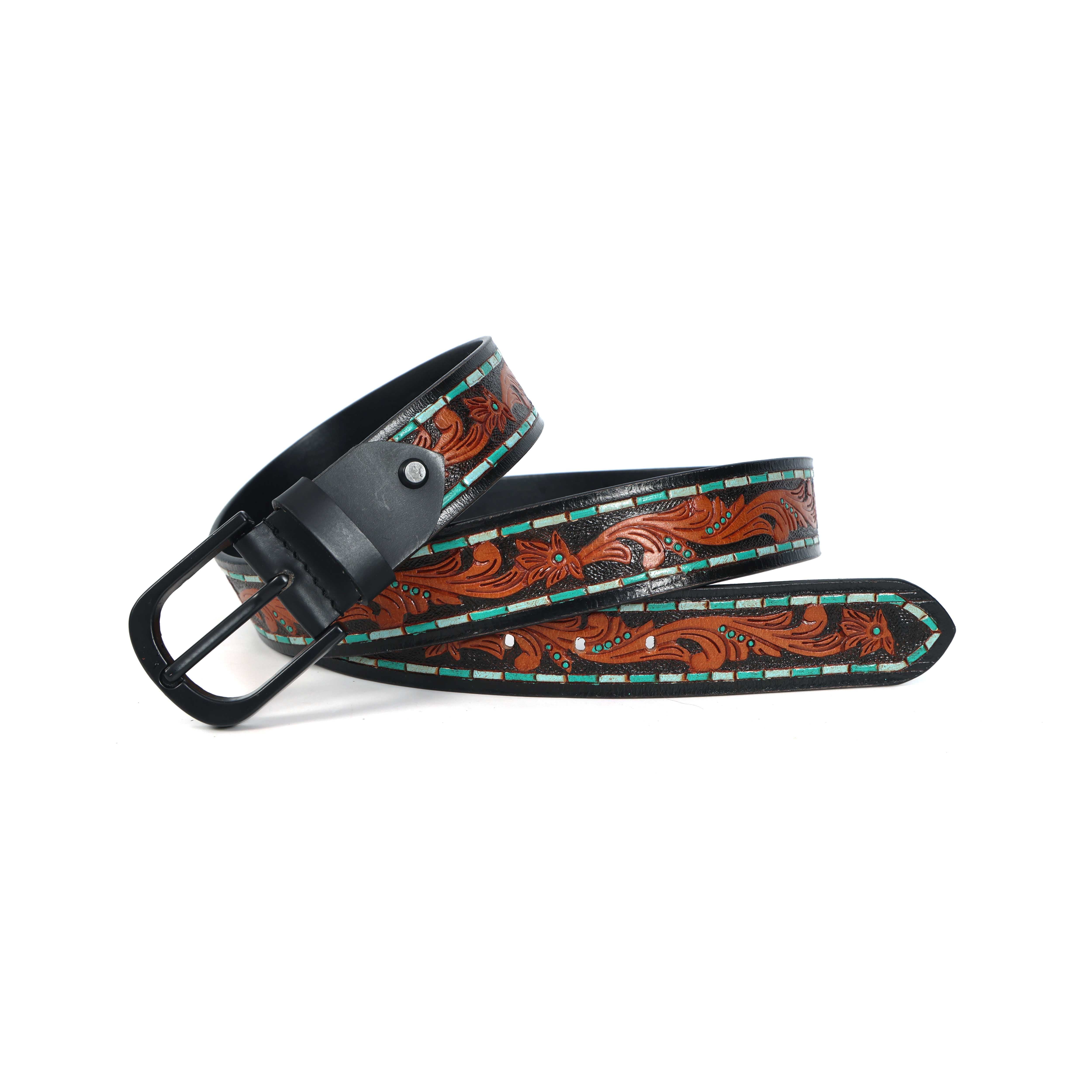 Unisex Genuine Leather Embossed Brown Turquoise Western Casual Waistbelt Matte Black Buckle - Image 4