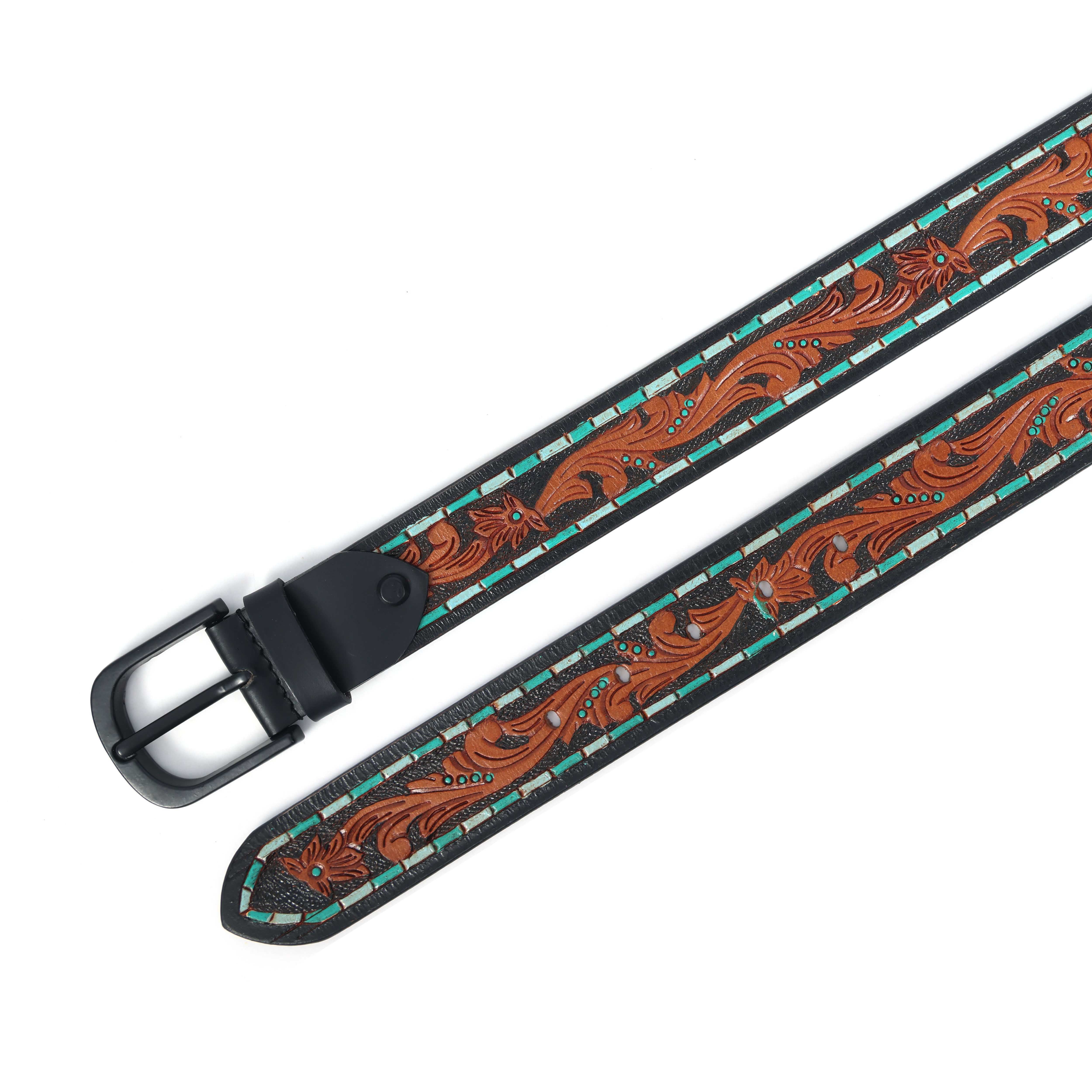 Unisex Genuine Leather Embossed Brown Turquoise Western Casual Waistbelt Matte Black Buckle - Image 5