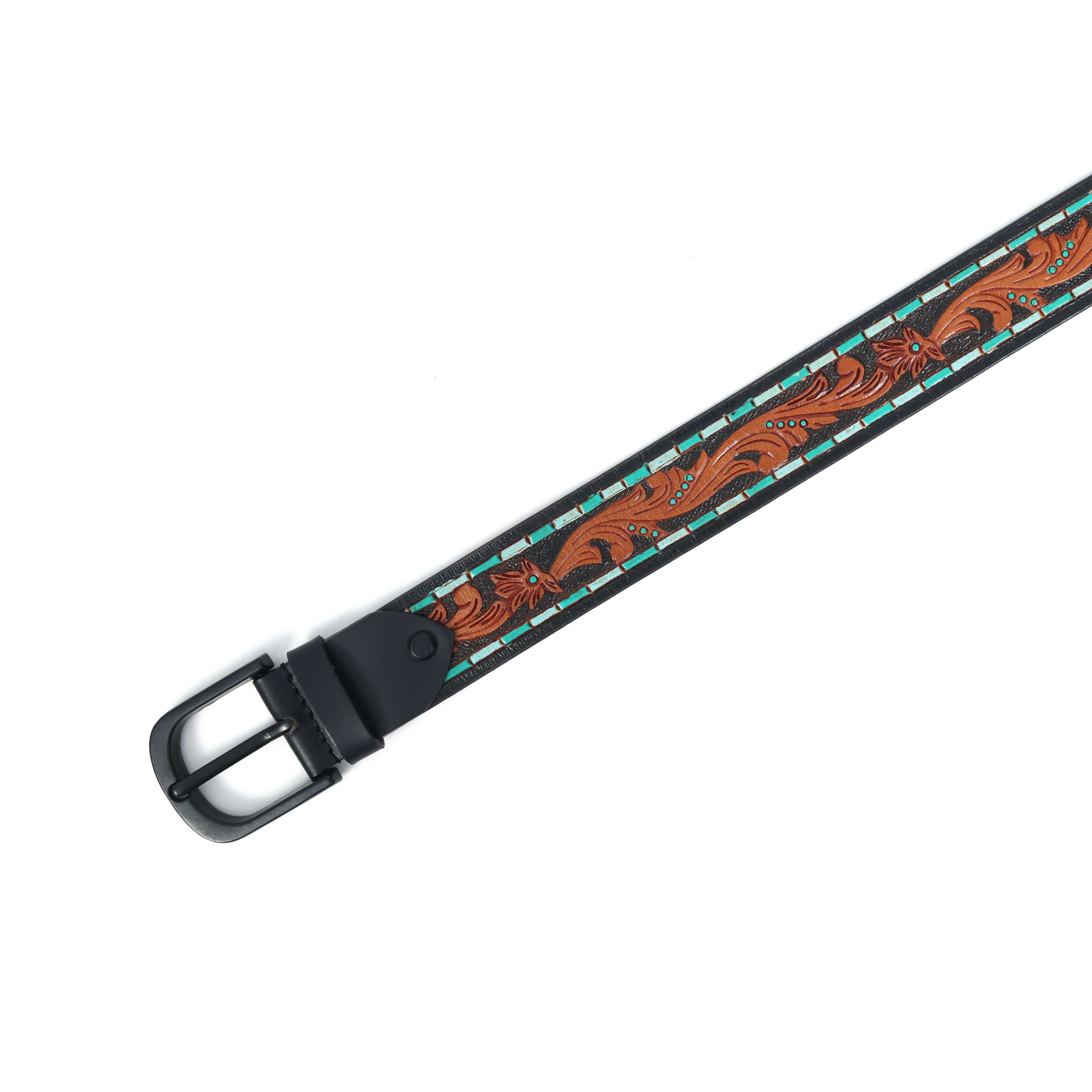 Unisex Genuine Leather Embossed Brown Turquoise Western Casual Waistbelt Matte Black Buckle - Image 6