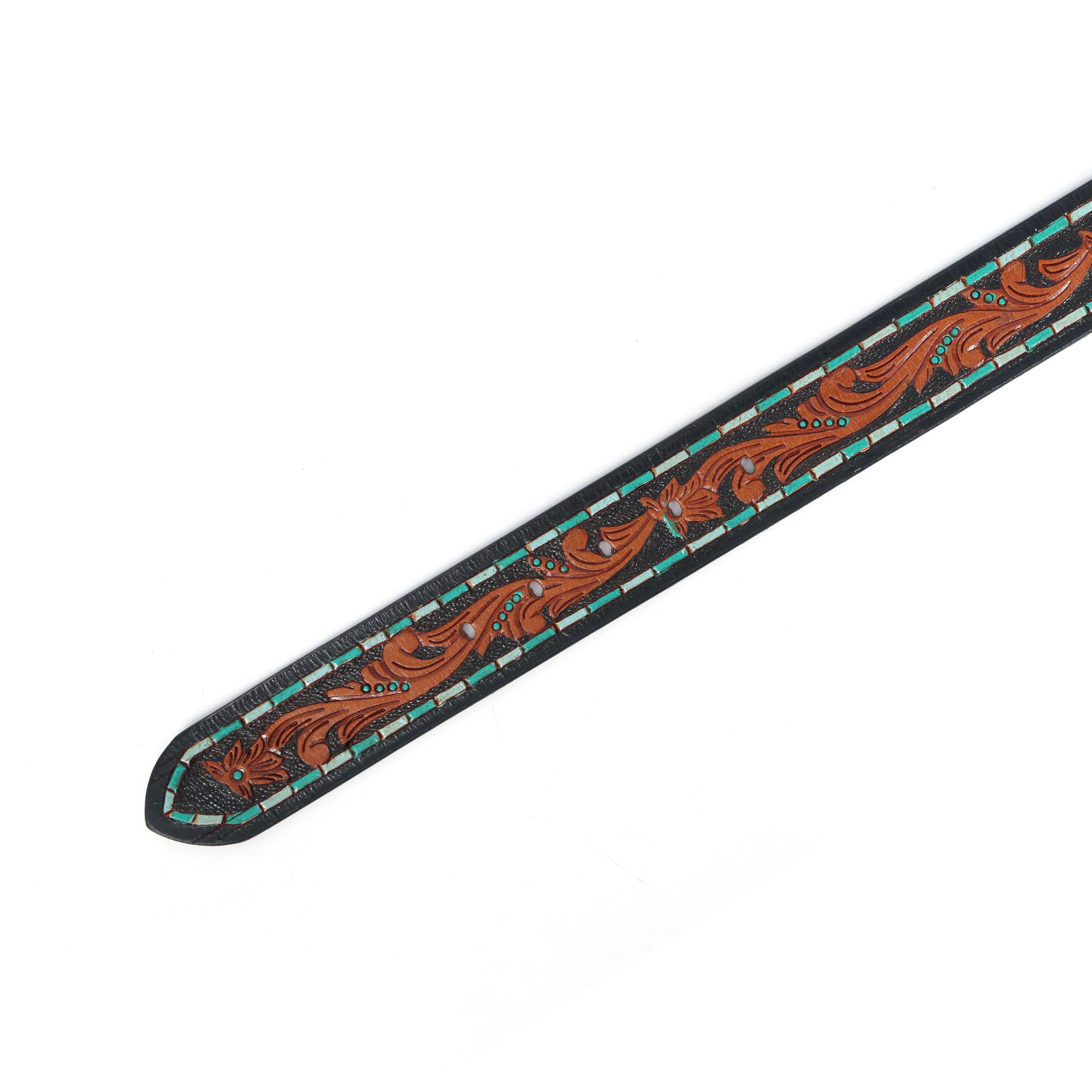 Unisex Genuine Leather Embossed Brown Turquoise Western Casual Waistbelt Matte Black Buckle - Image 7