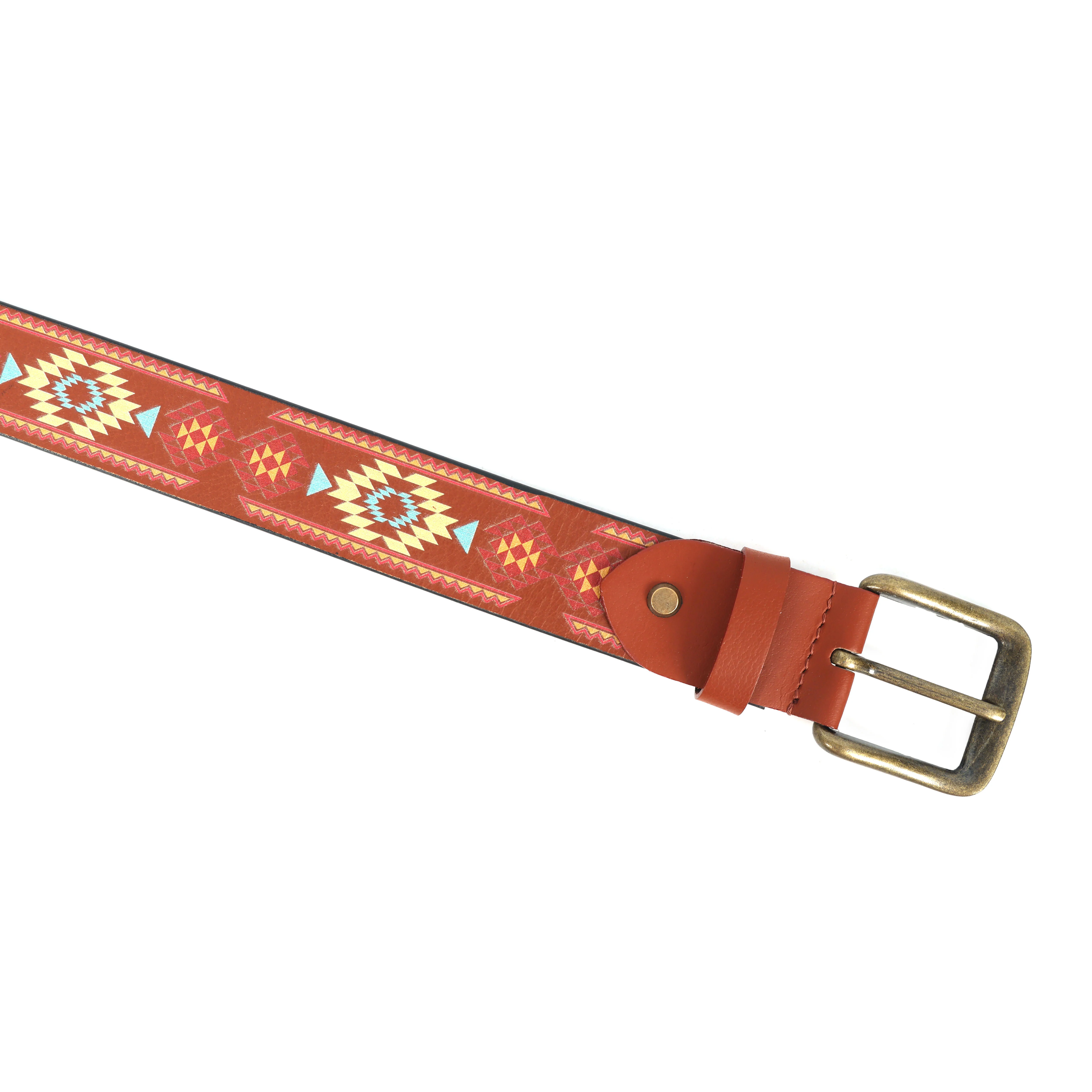 Handcrafted Aztec Pattern Leather Belt With Antique Buckle For Casual Ethnic Styling - Image 2