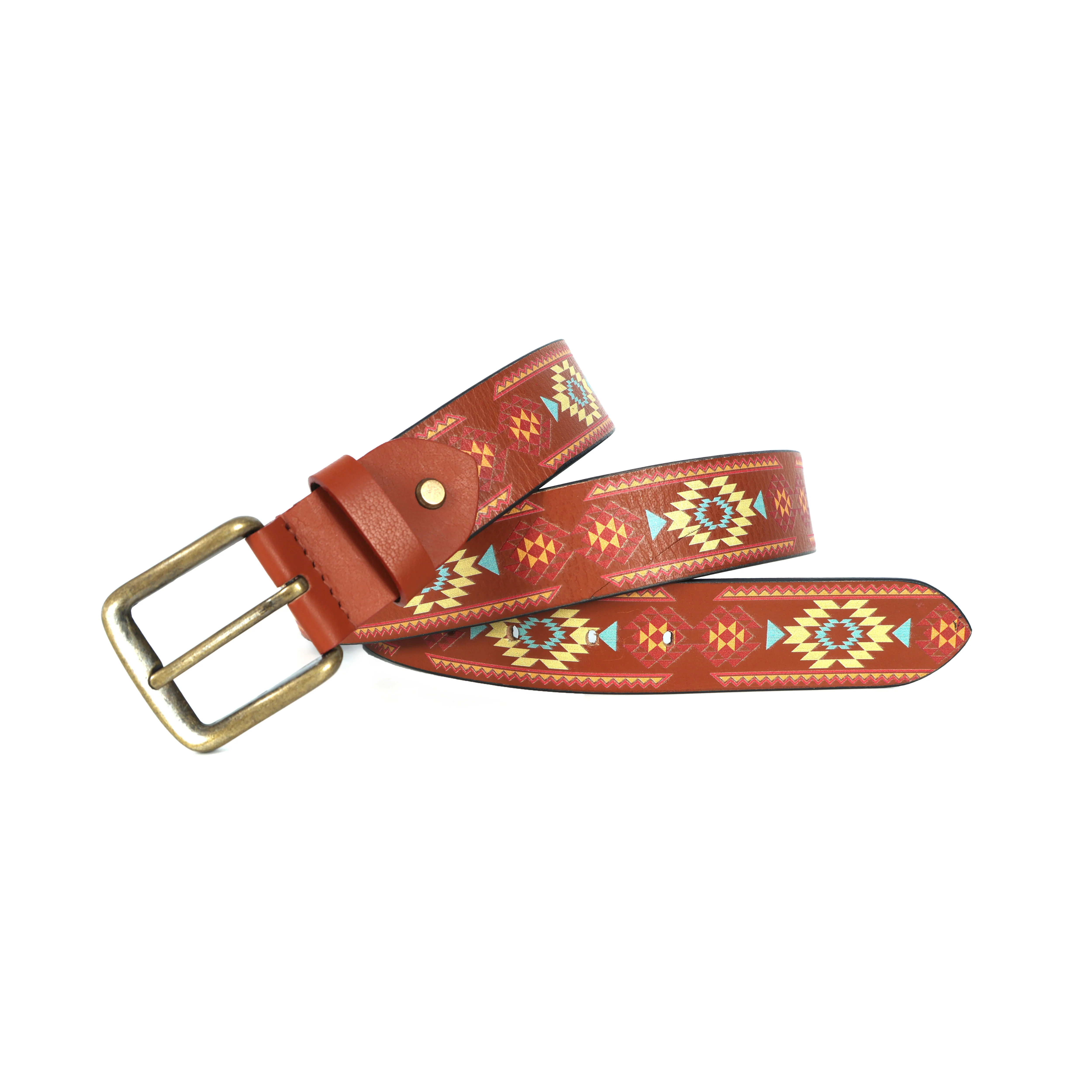 Handcrafted Aztec Pattern Leather Belt With Antique Buckle For Casual Ethnic Styling - Image 5