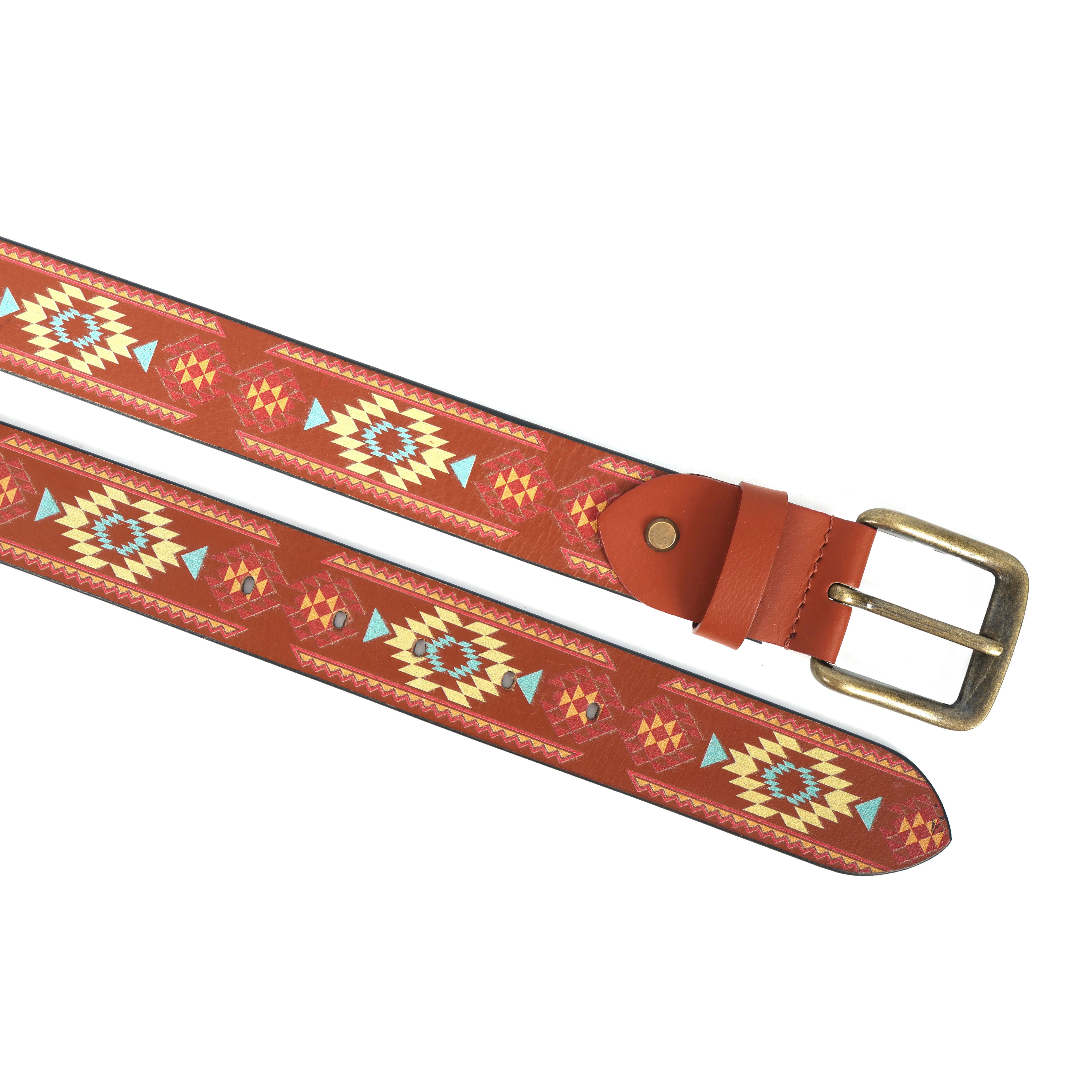 Handcrafted Aztec Pattern Leather Belt With Antique Buckle For Casual Ethnic Styling - Image 6