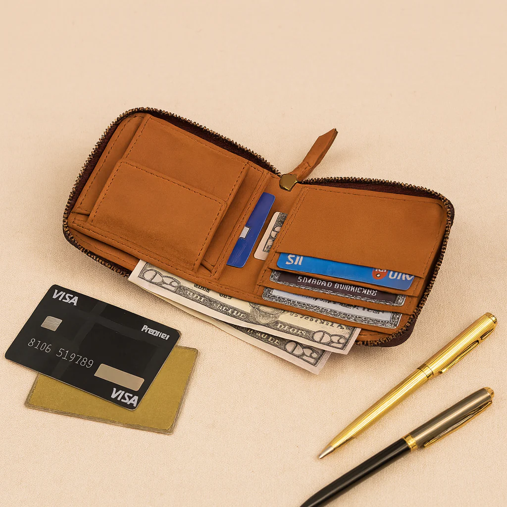Premium Genuine Leather Zip-Around Compact Wallet - Image 2
