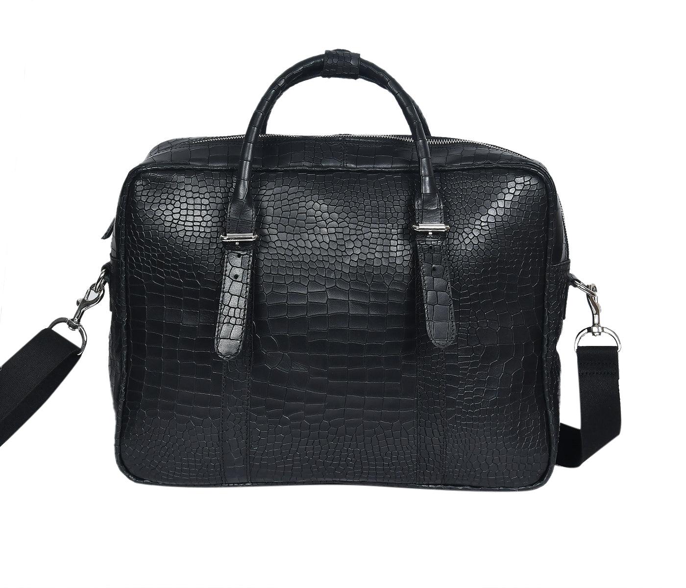 Premium Croc-Textured Black Leather Office Laptop Bag with Adjustable Shoulder Strap - Image 11