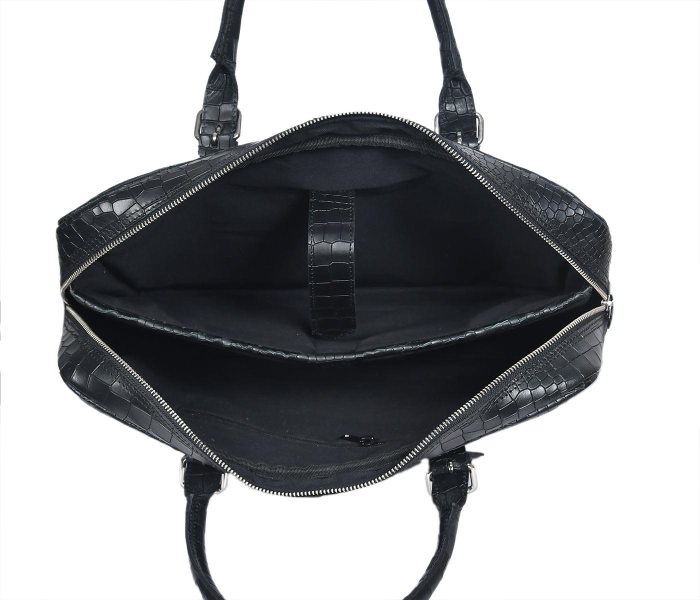 Premium Croc-Textured Black Leather Office Laptop Bag with Adjustable Shoulder Strap - Image 12