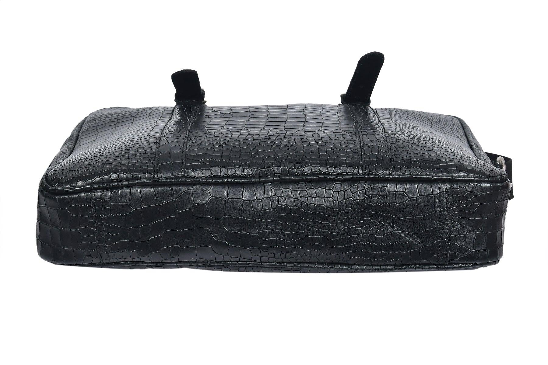 Premium Croc-Textured Black Leather Office Laptop Bag with Adjustable Shoulder Strap - Image 13