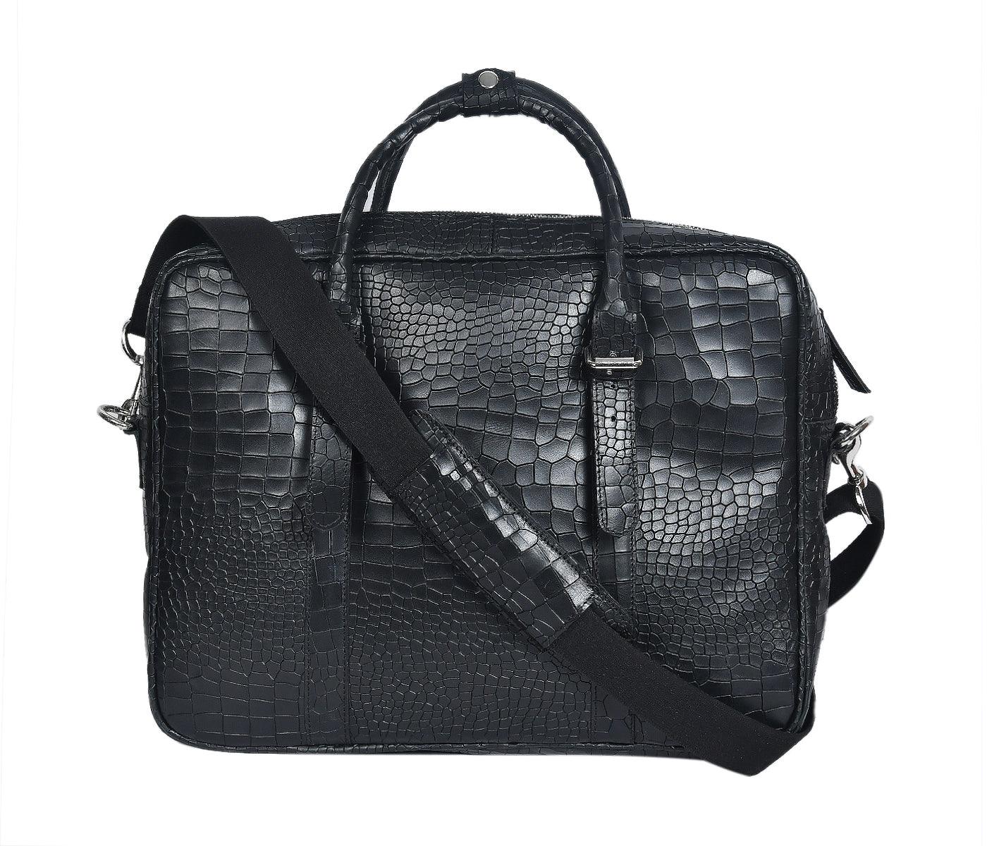 Premium Croc-Textured Black Leather Office Laptop Bag with Adjustable Shoulder Strap - Image 14