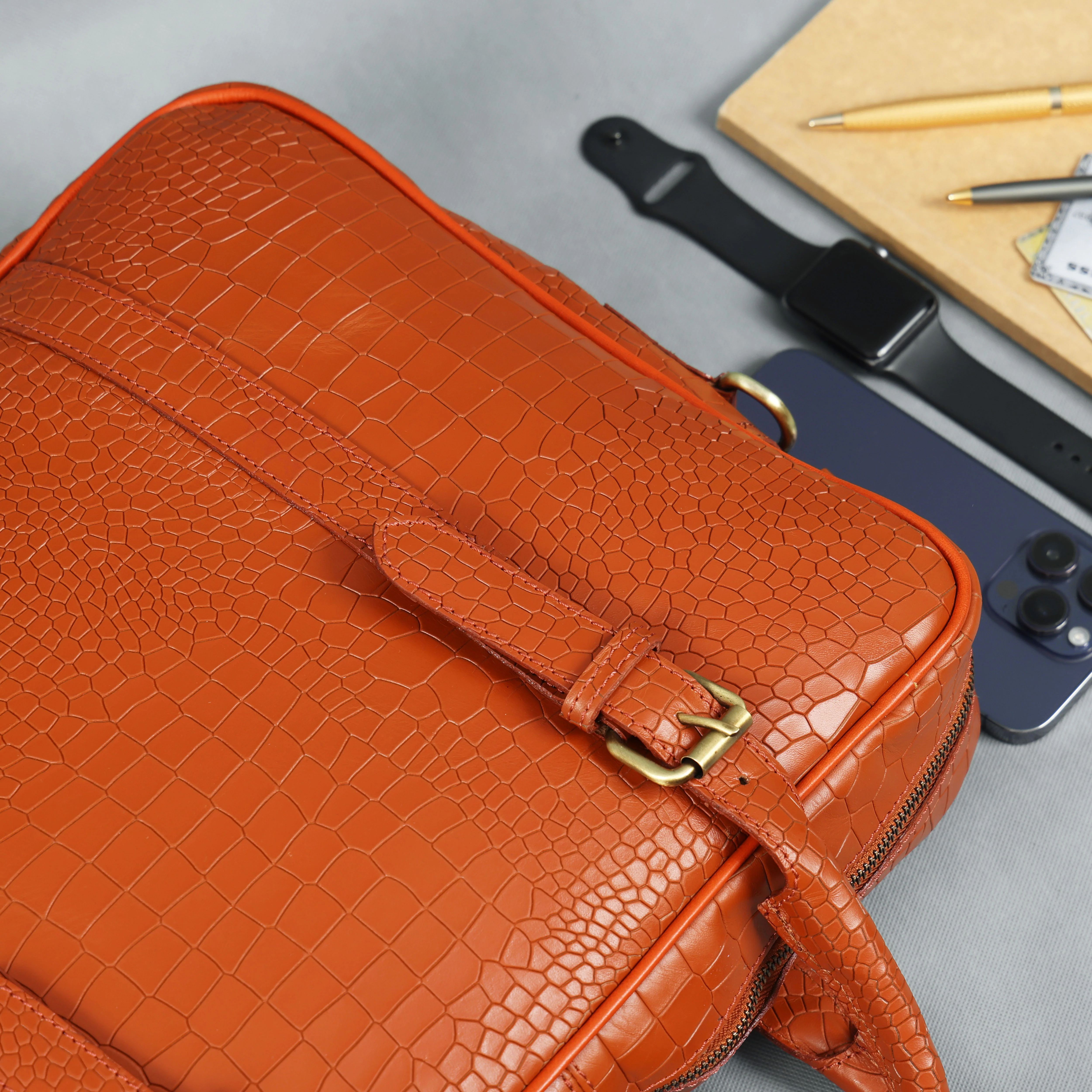 Premium Croc-Textured Black Leather Office Laptop Bag with Adjustable Shoulder Strap - Image 5