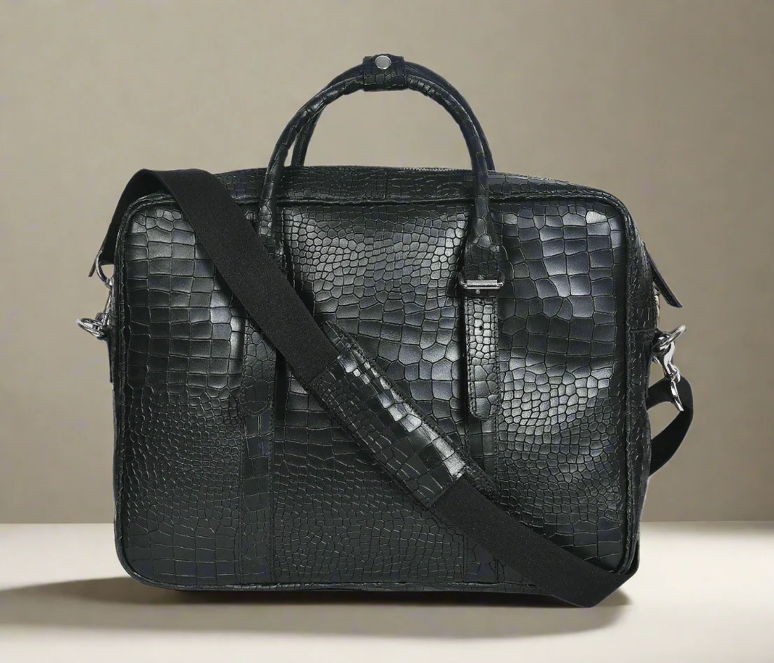 Premium Croc-Textured Black Leather Office Laptop Bag with Adjustable Shoulder Strap - Image 9