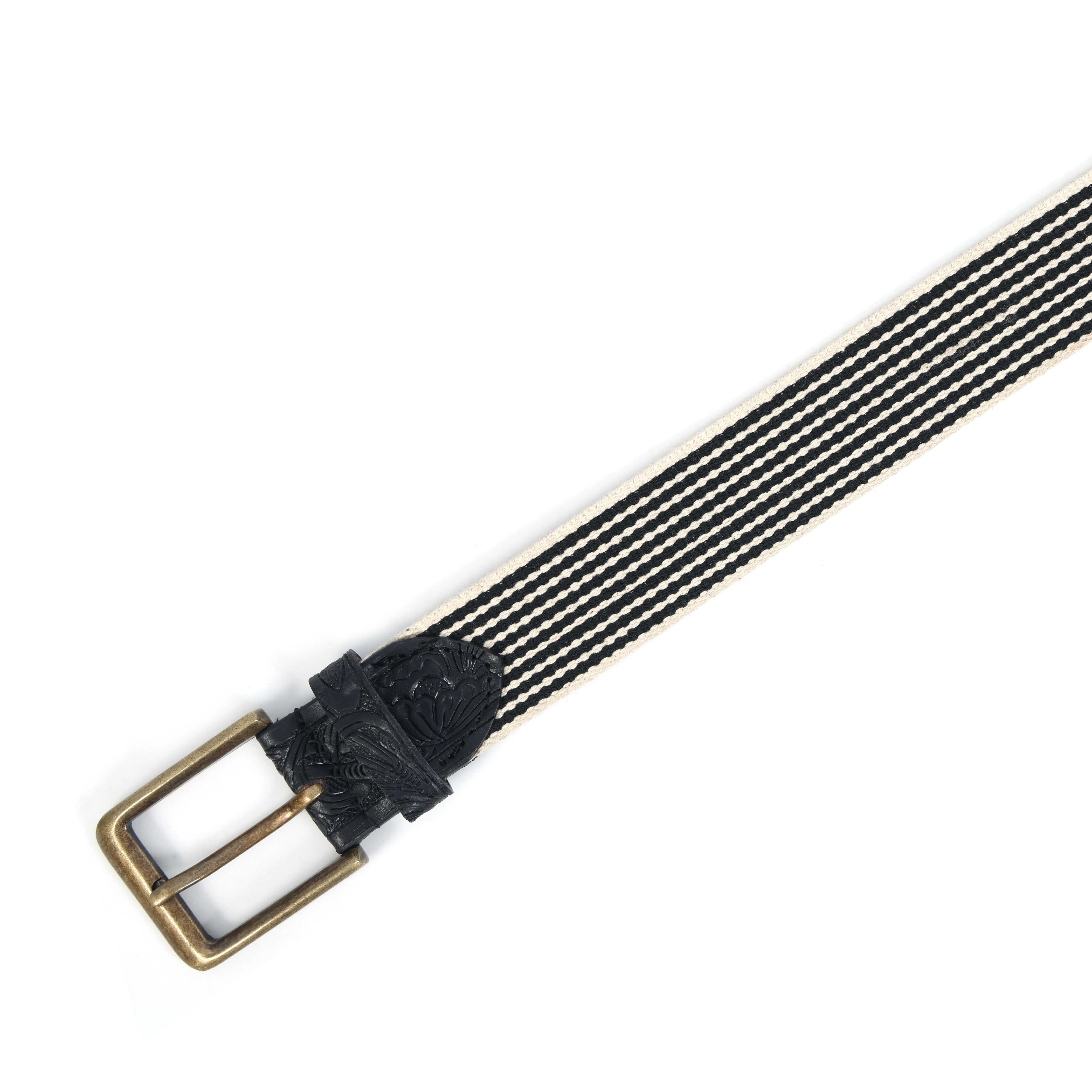 Unisex Genuine Leather Floral Embossed Canvas Black White Waist Accessory Brass Buckle - Image 4