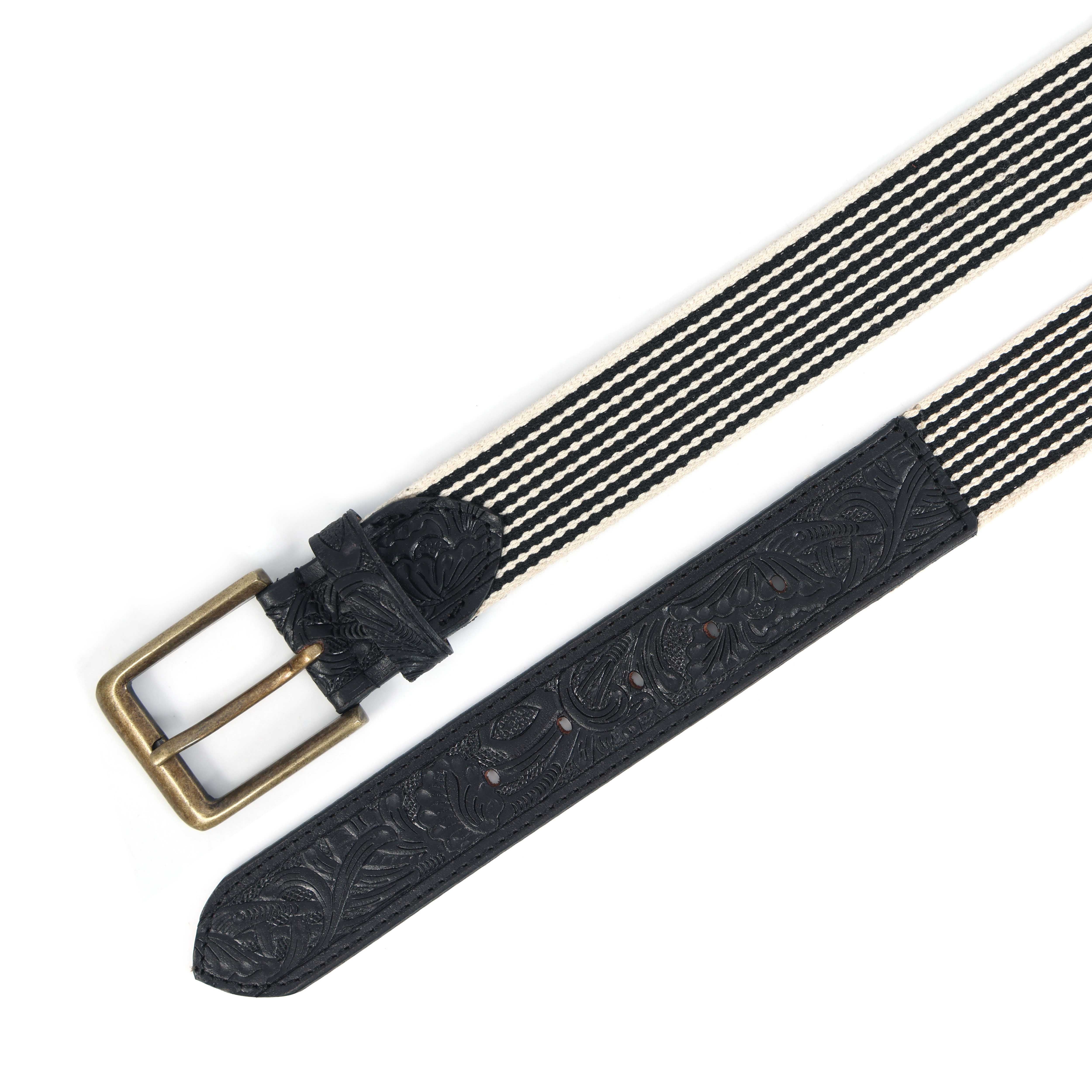 Unisex Genuine Leather Floral Embossed Canvas Black White Waist Accessory Brass Buckle - Image 5