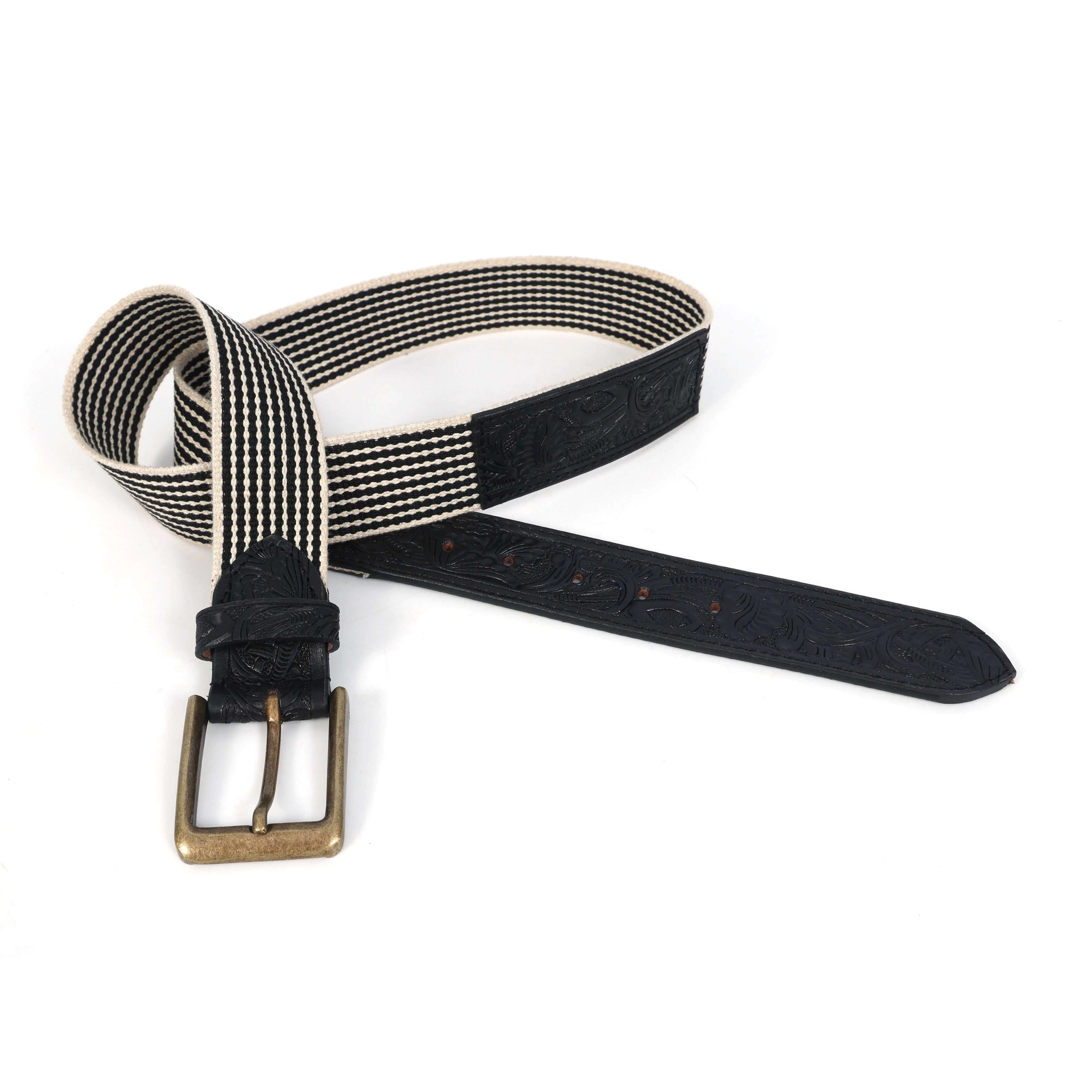 Unisex Genuine Leather Floral Embossed Canvas Black White Waist Accessory Brass Buckle - Image 6
