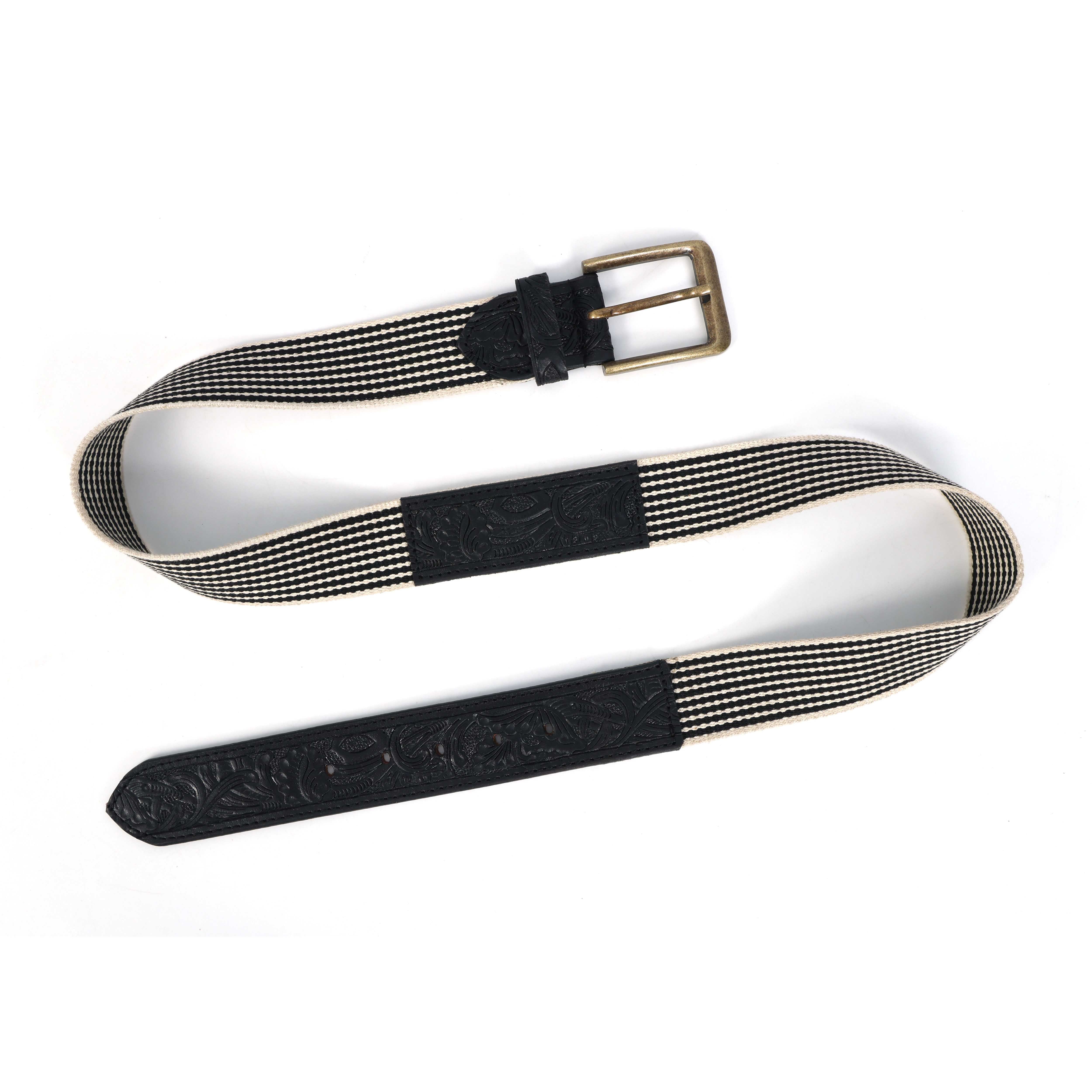 Unisex Genuine Leather Floral Embossed Canvas Black White Waist Accessory Brass Buckle - Image 7