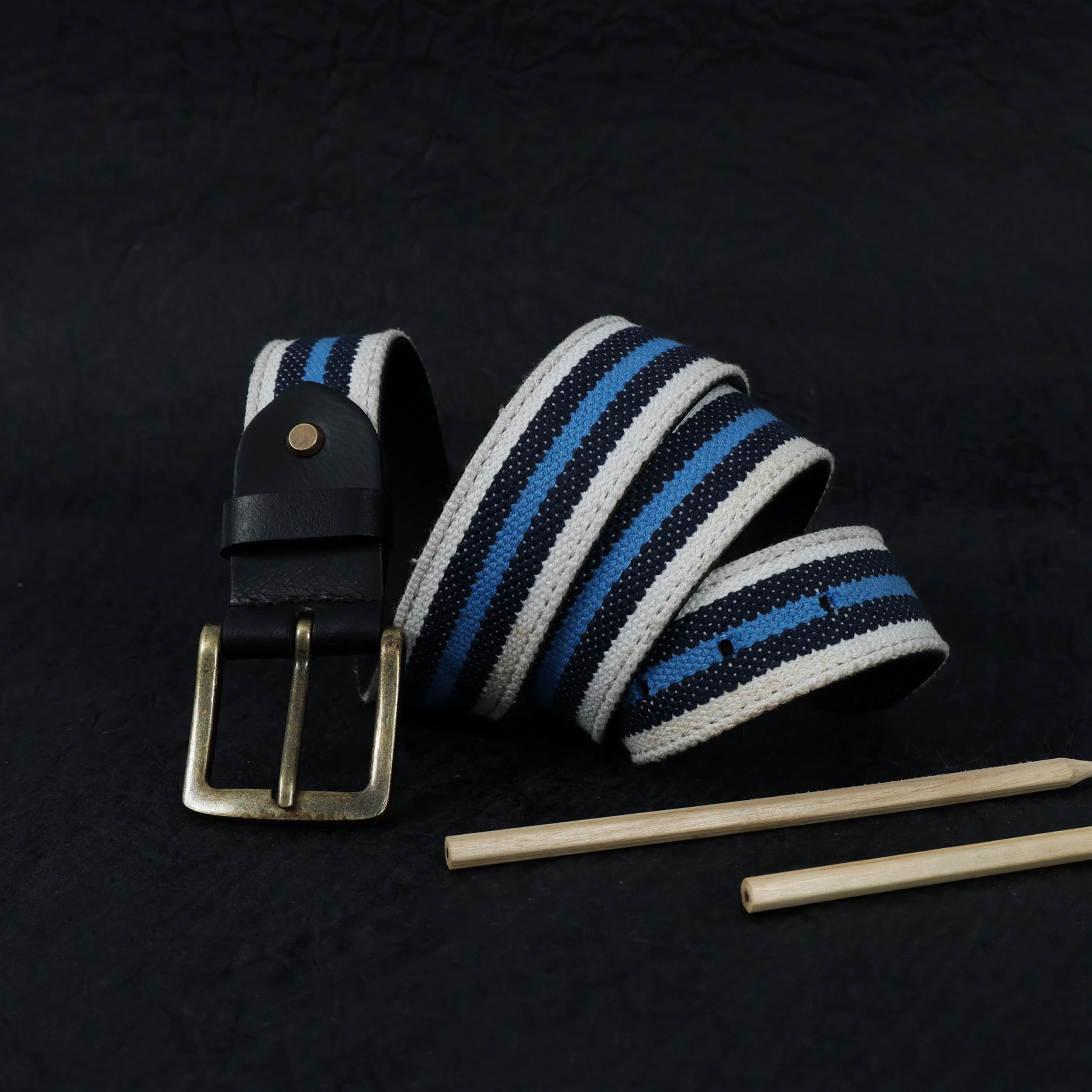 Unisex Genuine Leather Canvas Blue White Striped Waist Accessory Brass Buckle Casual