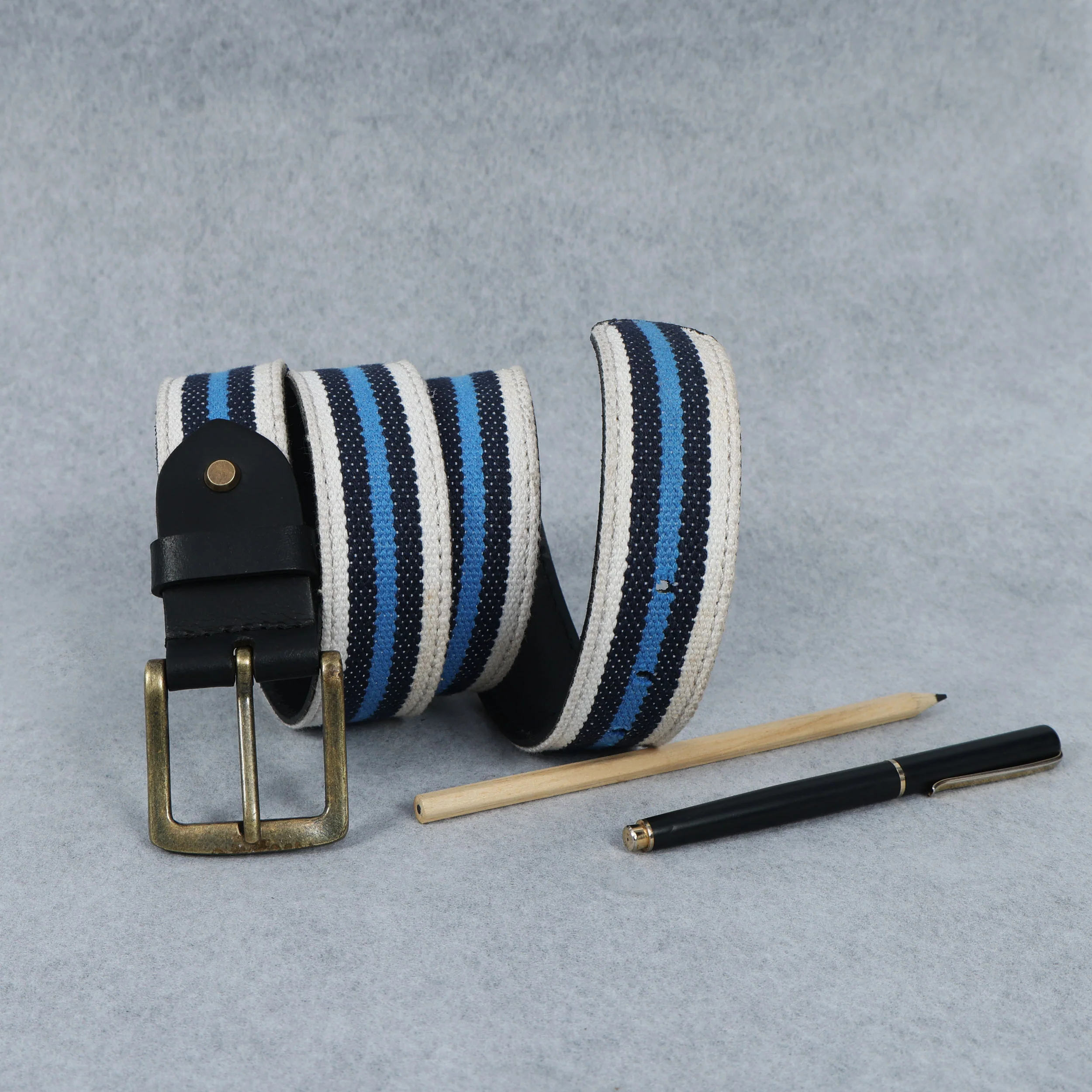 Unisex Genuine Leather Canvas Blue White Striped Waist Accessory Brass Buckle Casual - Image 2