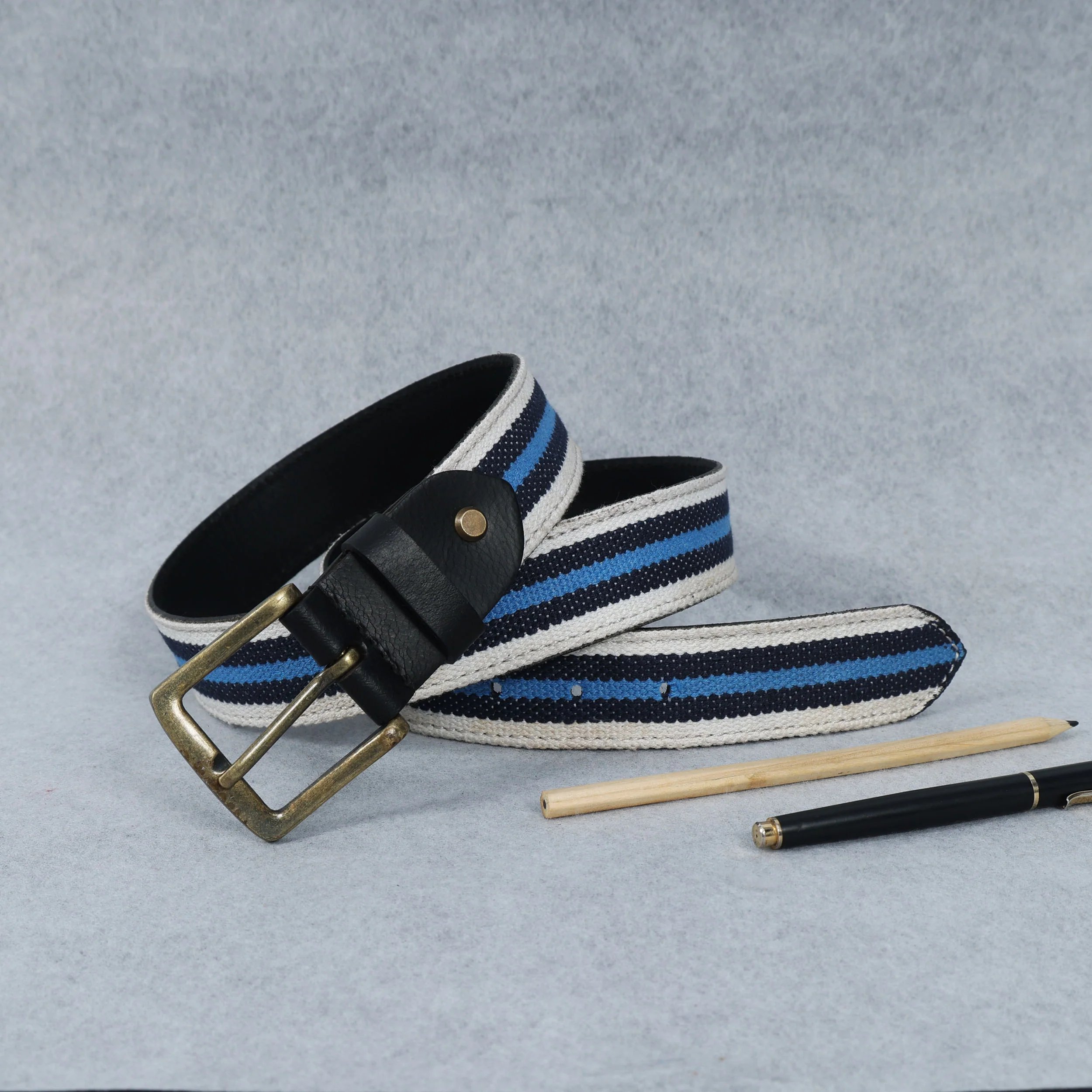 Unisex Genuine Leather Canvas Blue White Striped Waist Accessory Brass Buckle Casual - Image 3