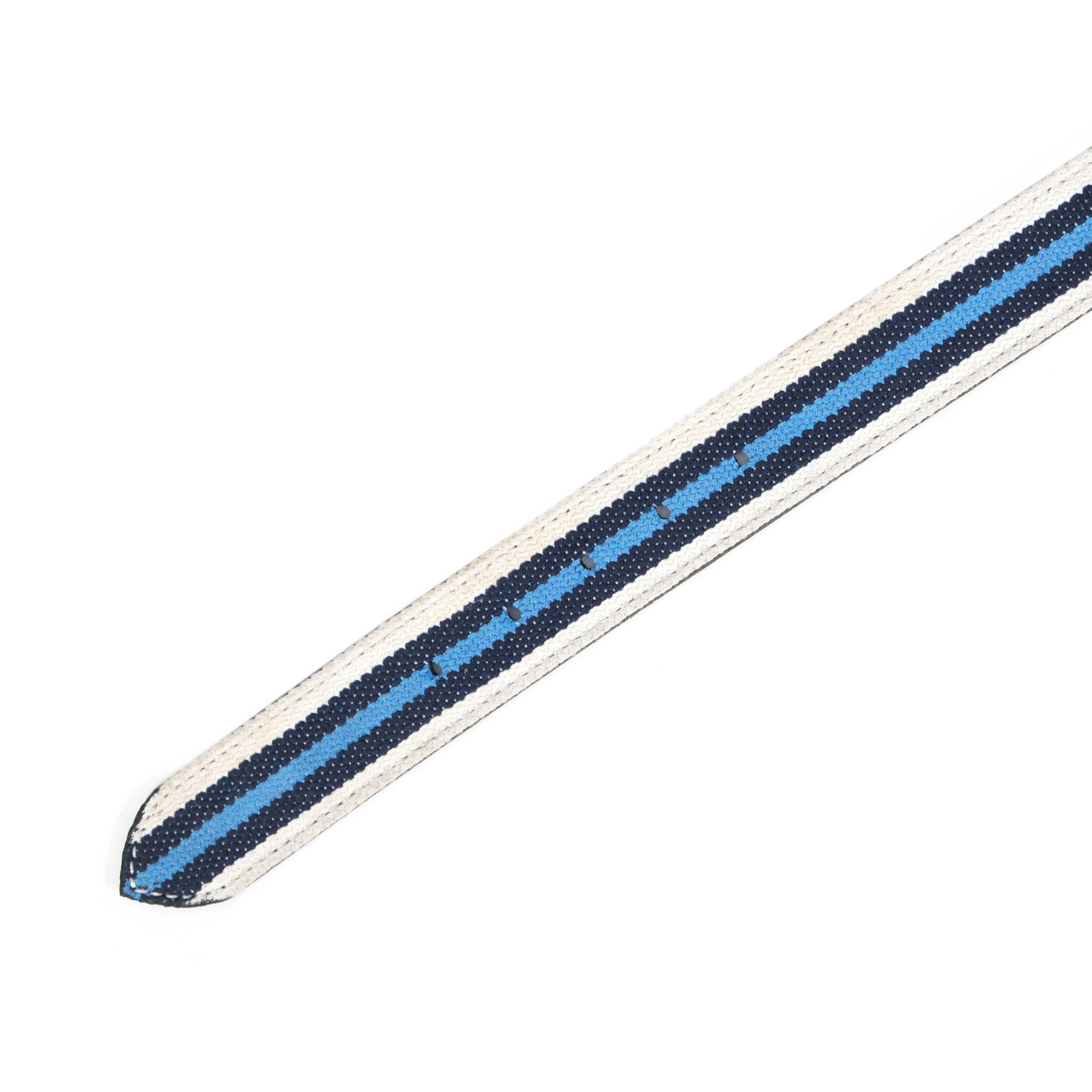 Unisex Genuine Leather Canvas Blue White Striped Waist Accessory Brass Buckle Casual - Image 4