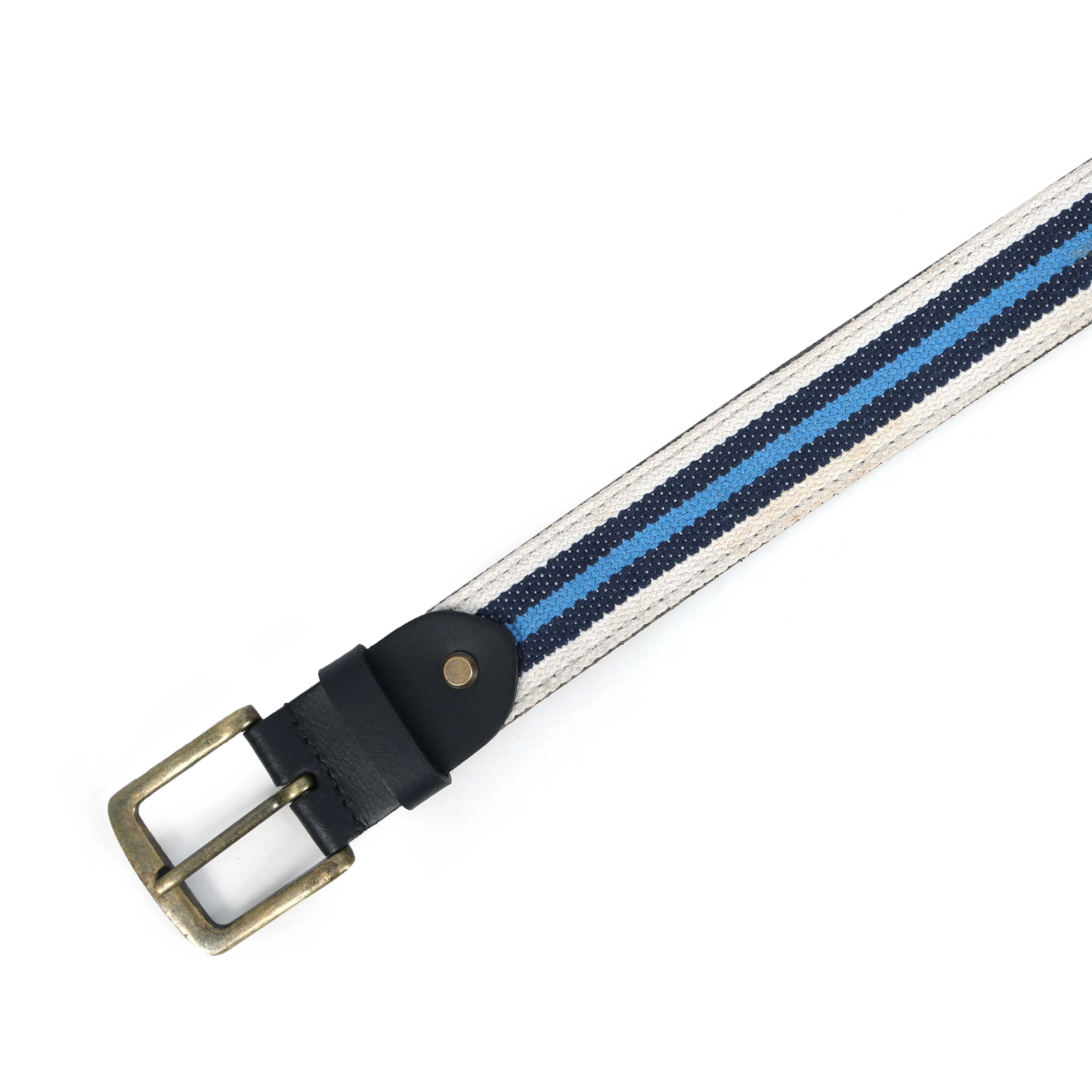 Unisex Genuine Leather Canvas Blue White Striped Waist Accessory Brass Buckle Casual - Image 5