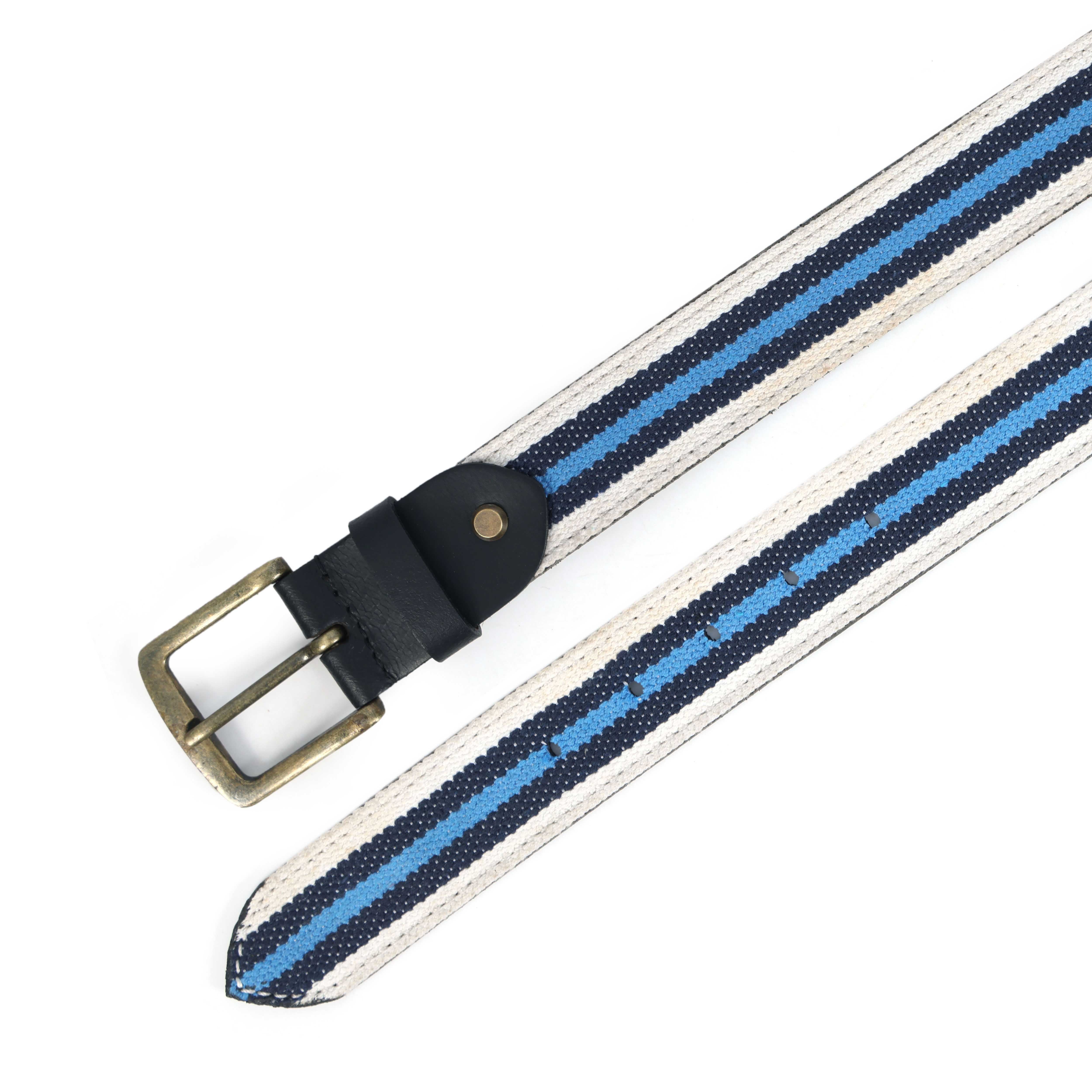 Unisex Genuine Leather Canvas Blue White Striped Waist Accessory Brass Buckle Casual - Image 6