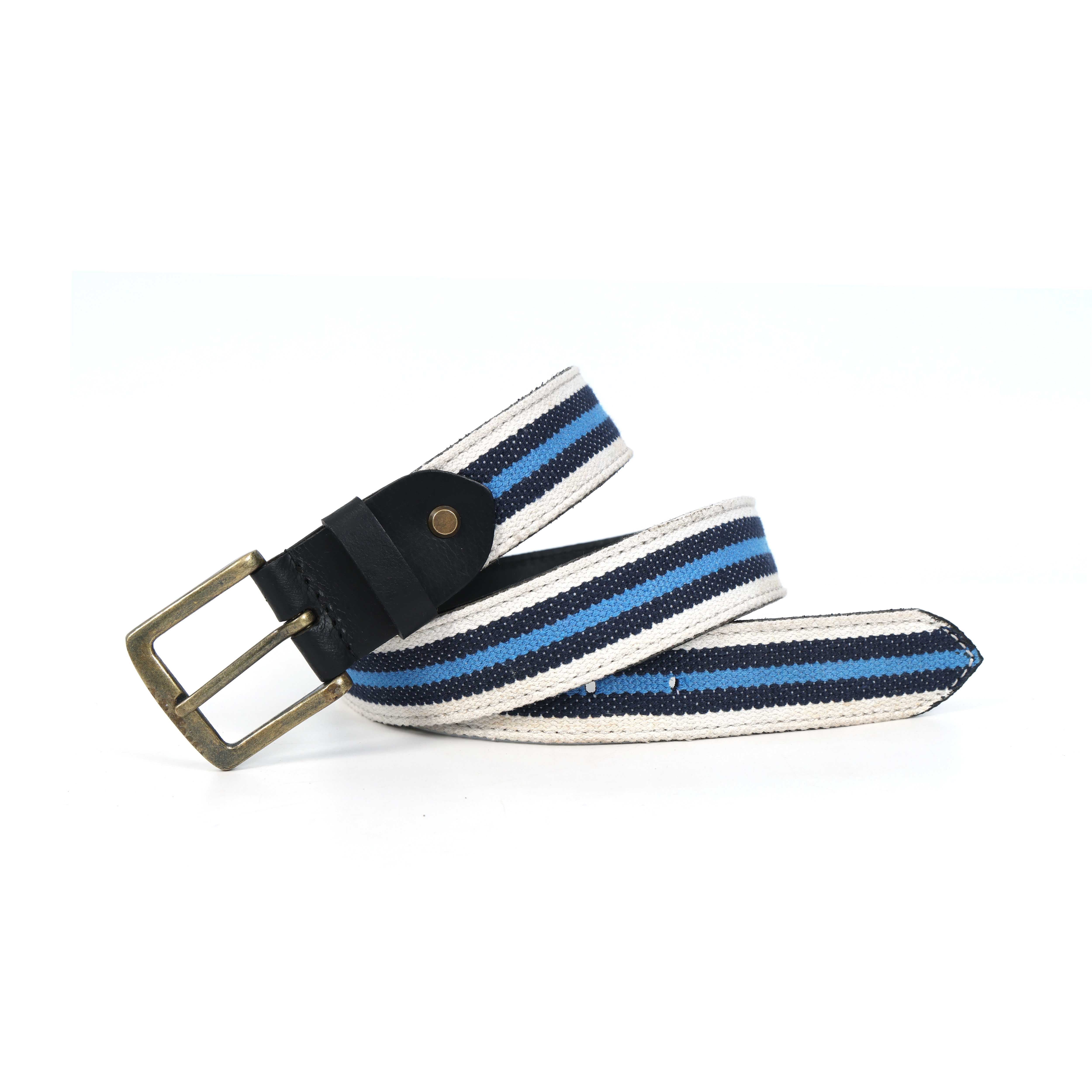 Unisex Genuine Leather Canvas Blue White Striped Waist Accessory Brass Buckle Casual - Image 7