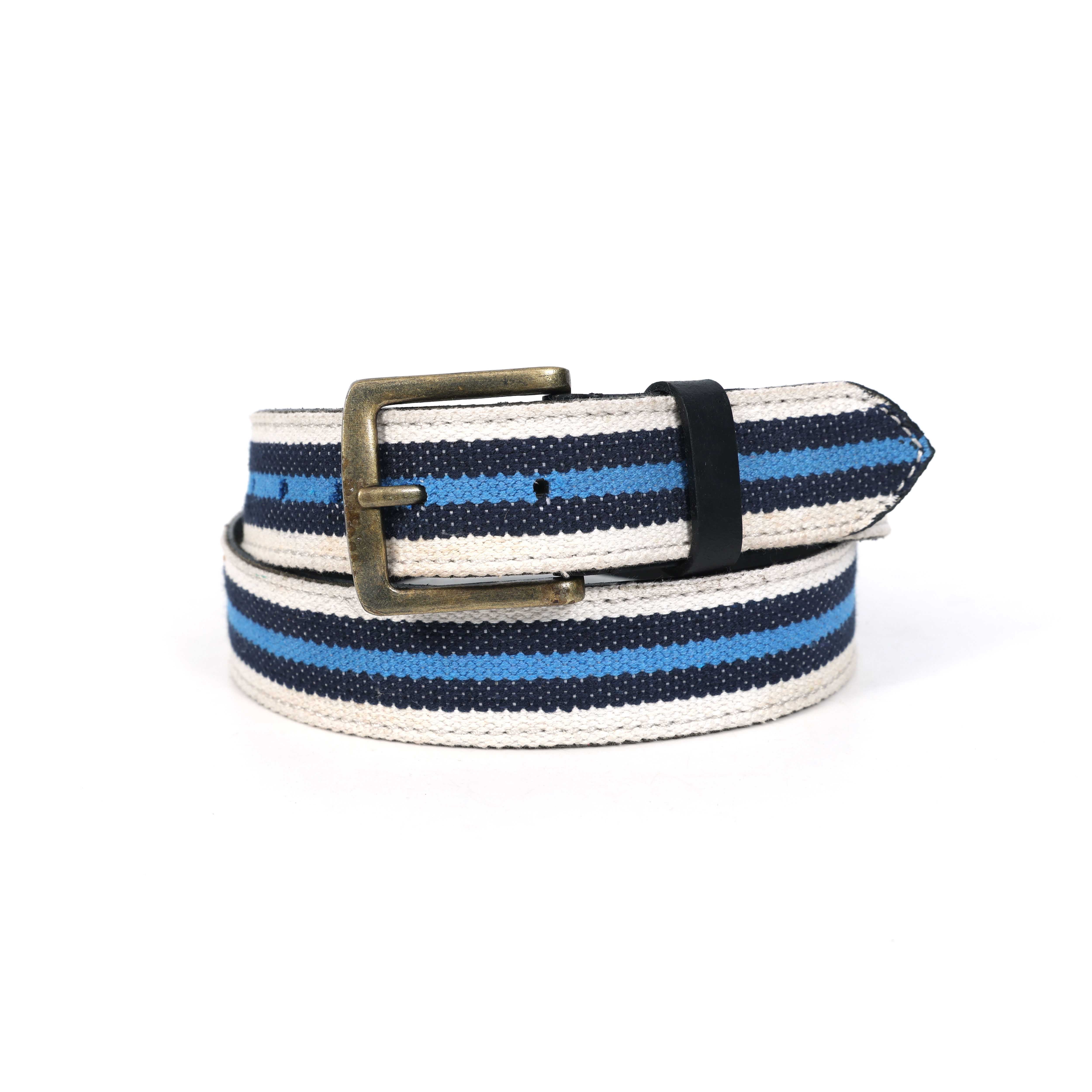 Unisex Genuine Leather Canvas Blue White Striped Waist Accessory Brass Buckle Casual - Image 8