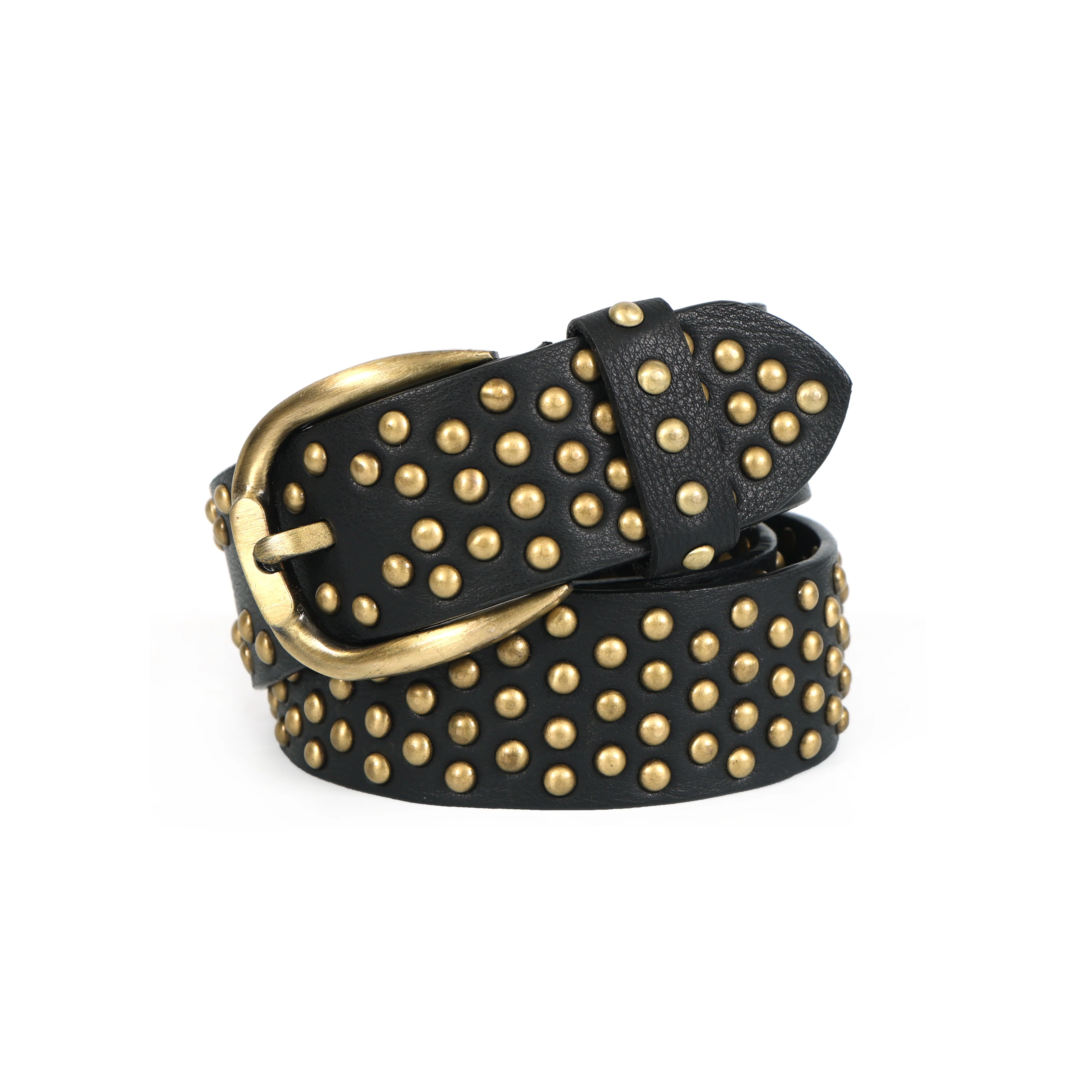 Celtic Black Studded Genuine Leather Belt | Trendy Gold-Tone Buckle Belt for Men & Women - Image 2
