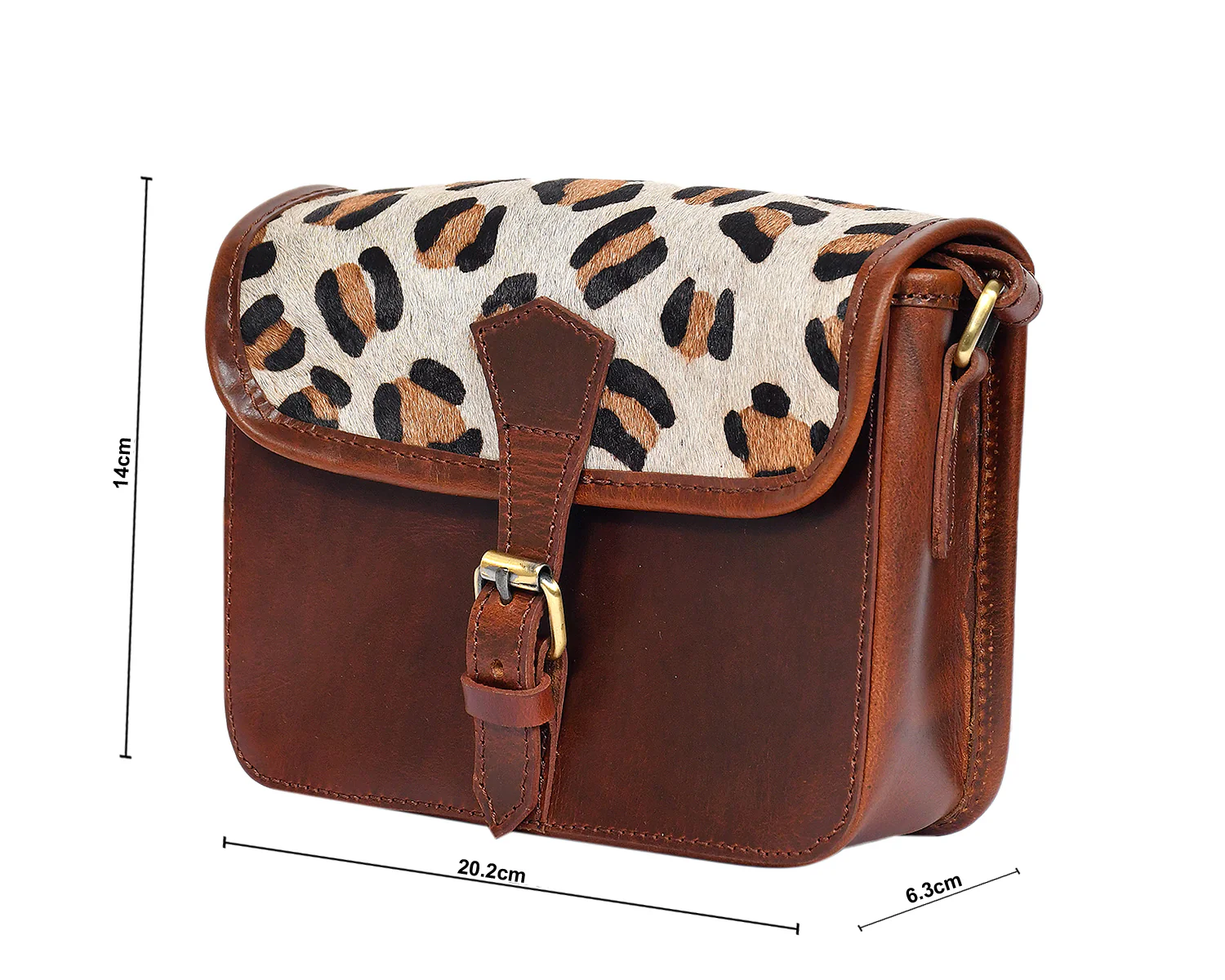 Premium  Brown Leather  Small Crossbody Bag with Leopard Print Flap - Image 3