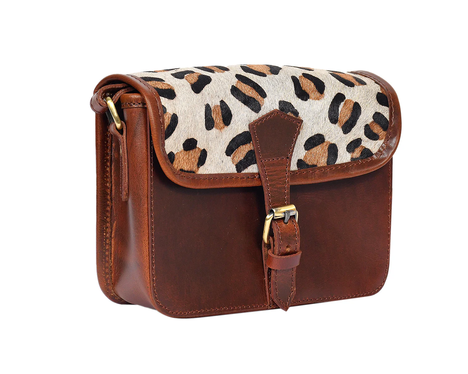 Premium  Brown Leather  Small Crossbody Bag with Leopard Print Flap - Image 7