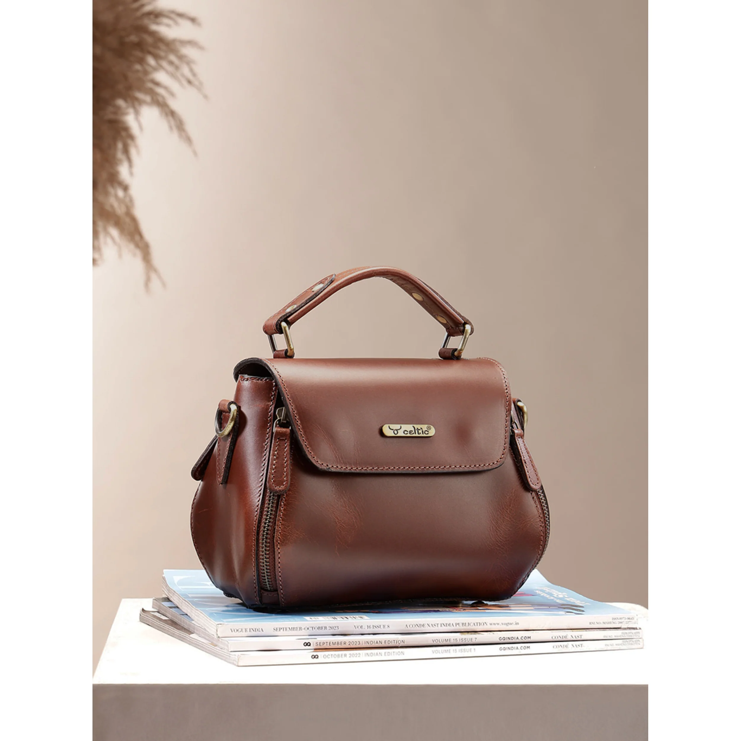 Premium Genuine Leather Top-Handle Handbag with Flap Closure & Zip Compartments - Image 12