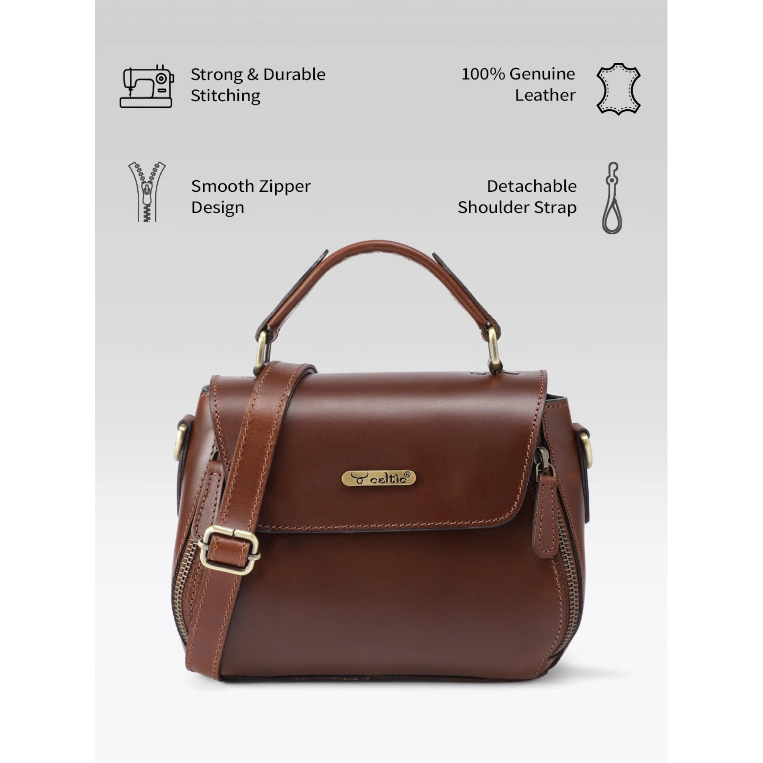 Premium Genuine Leather Top-Handle Handbag with Flap Closure & Zip Compartments - Image 19