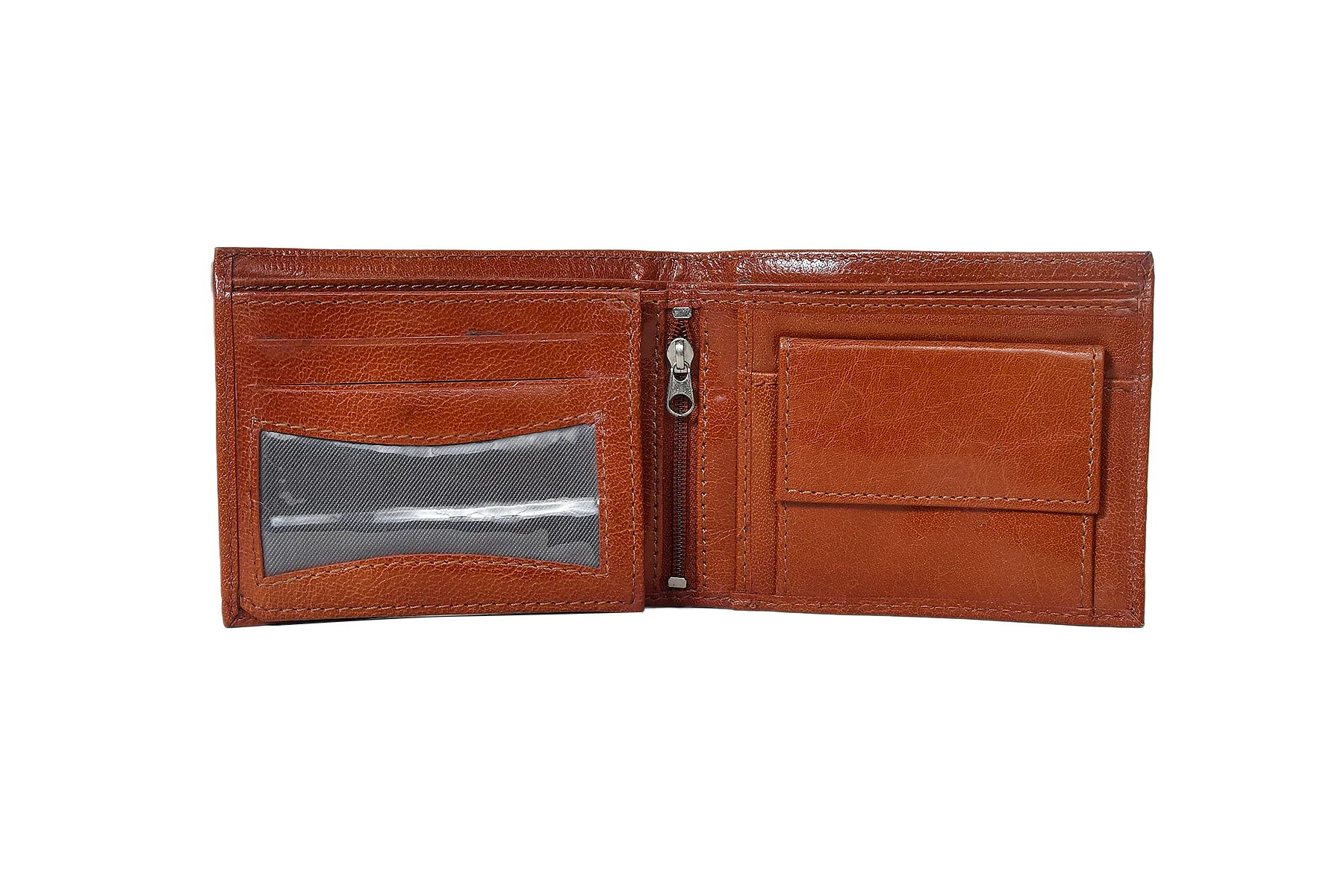 Premium Genuine Leather Bi-Fold Wallet with Zip Coin Pocket & Card Slots - Image 3