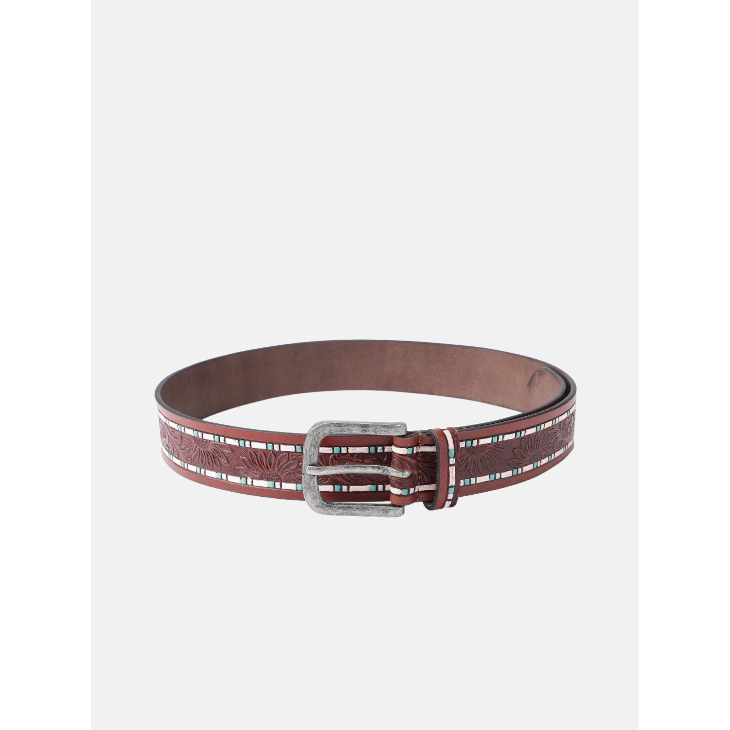 Premium Handcrafted Floral Tooled Leather Belt With Turquoise Inlay And Vintage Buckle - Image 2