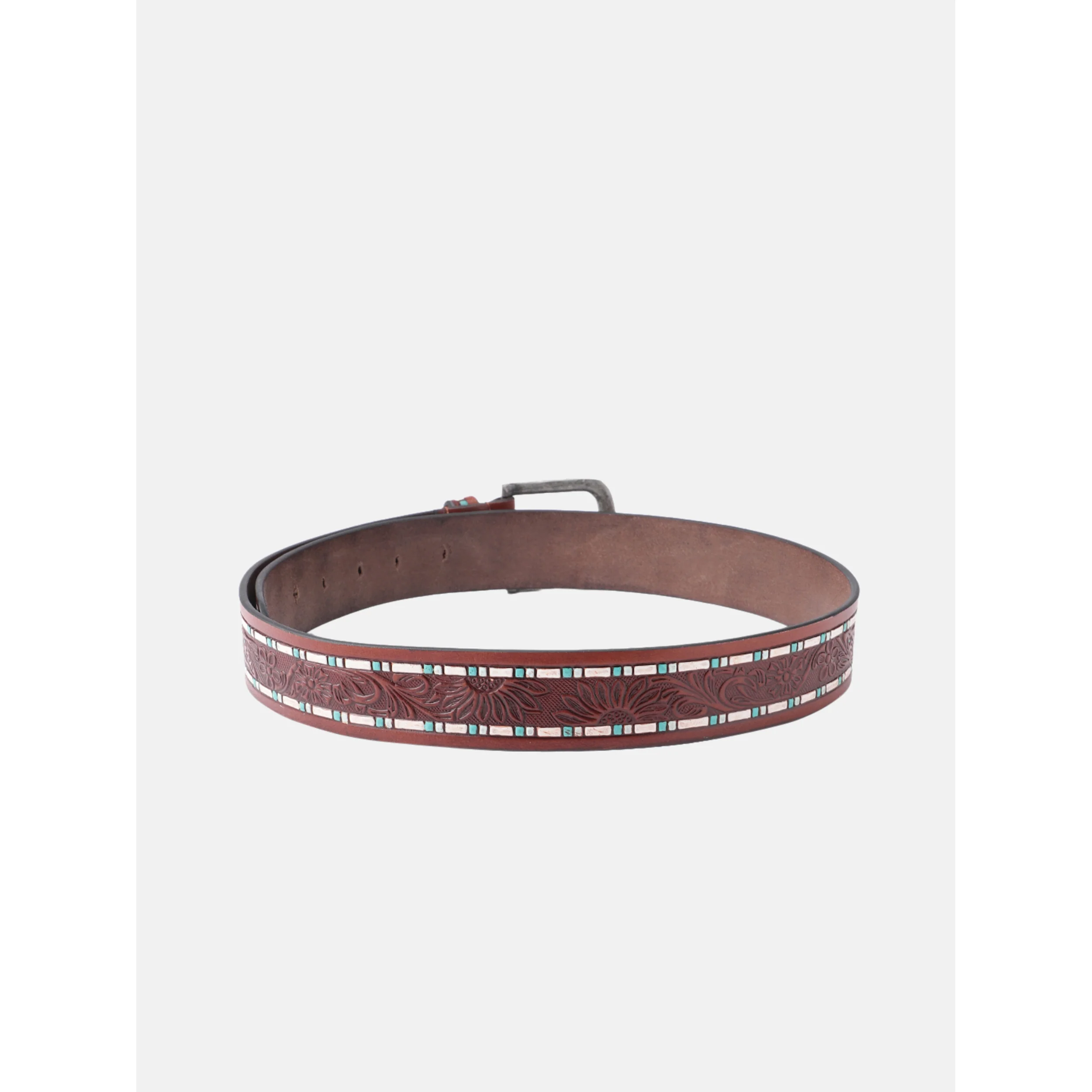 Premium Handcrafted Floral Tooled Leather Belt With Turquoise Inlay And Vintage Buckle - Image 3