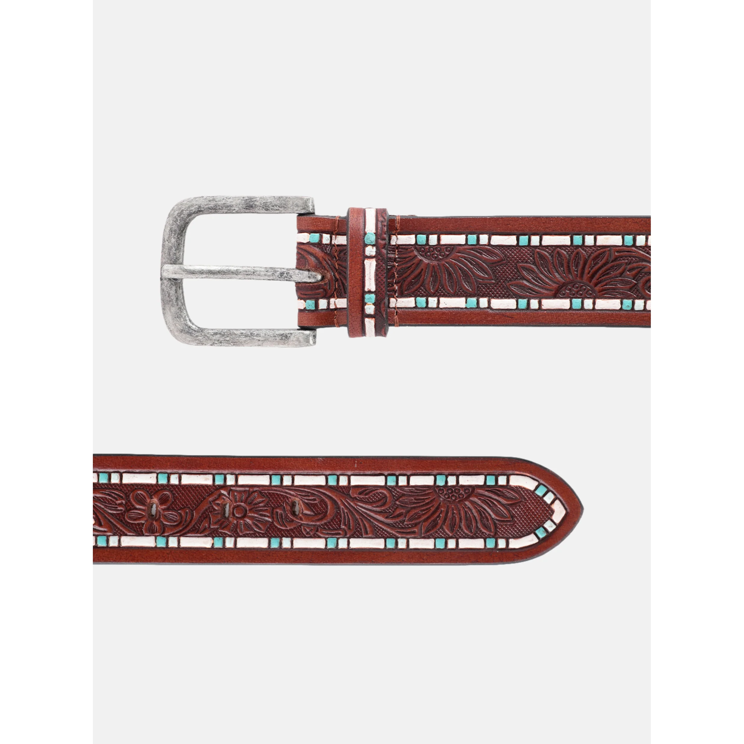 Premium Handcrafted Floral Tooled Leather Belt With Turquoise Inlay And Vintage Buckle - Image 4