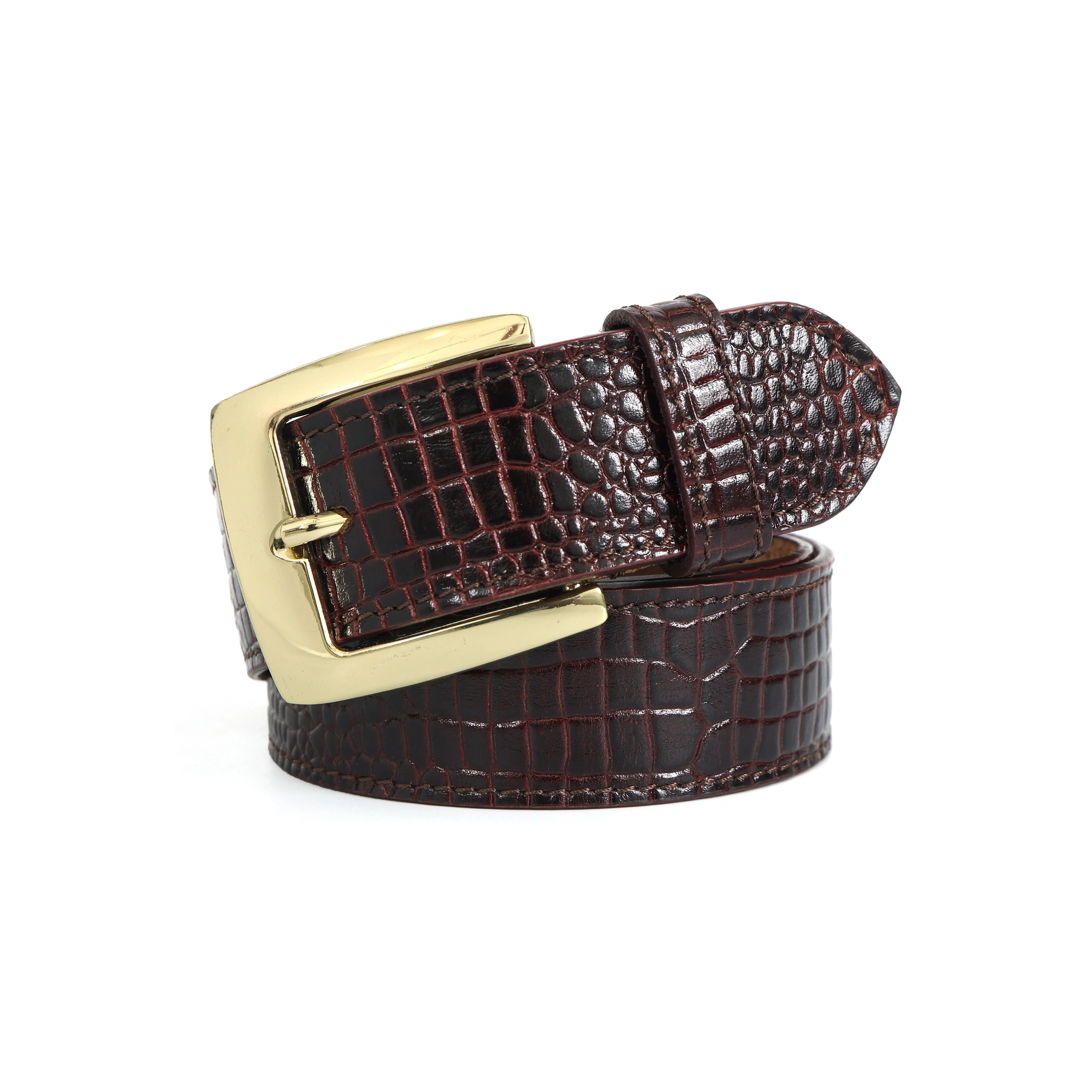 Mens Croc Textured Leather Belt With Gold Buckle For Formal Casual Wear - Image 2