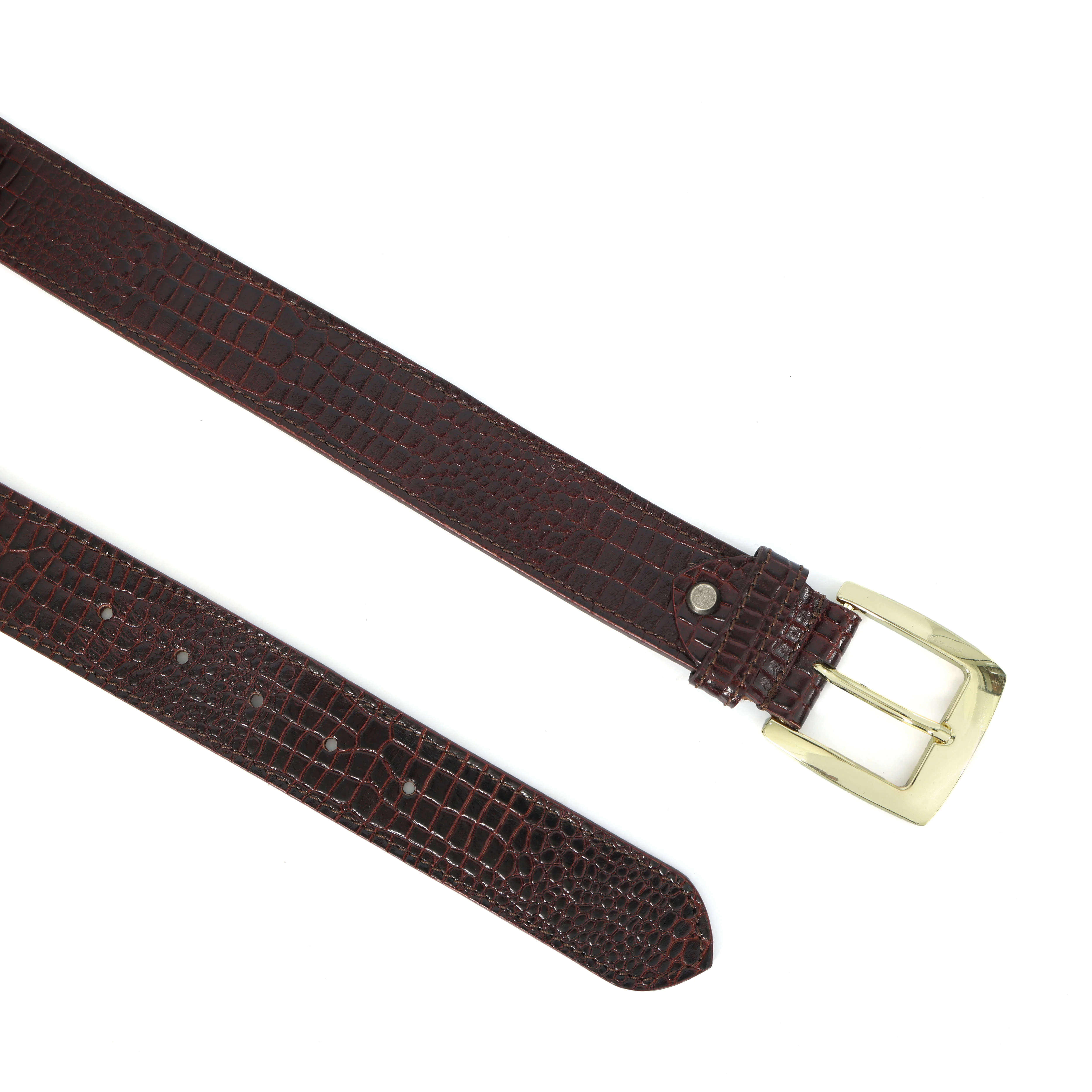 Mens Croc Textured Leather Belt With Gold Buckle For Formal Casual Wear - Image 3