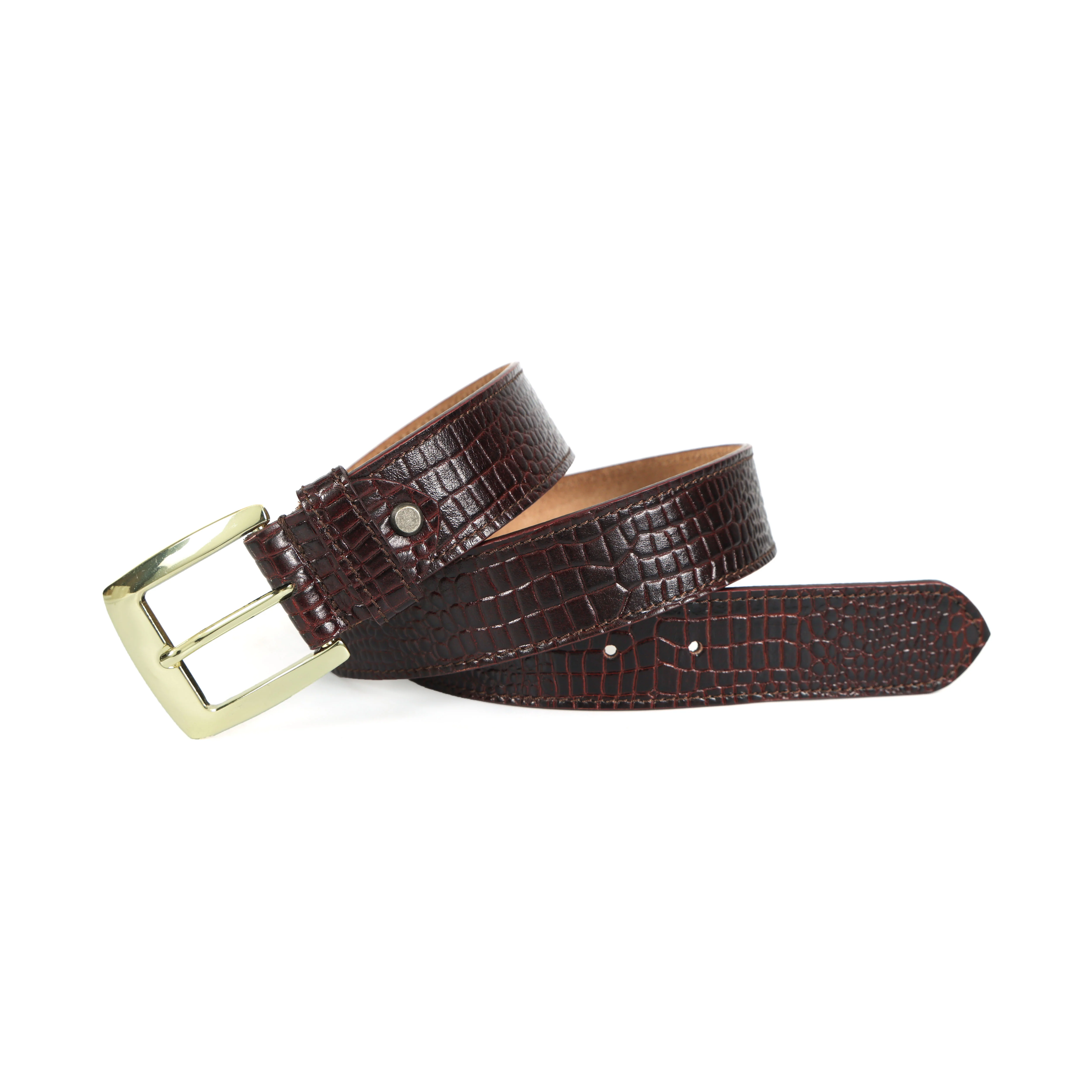 Mens Croc Textured Leather Belt With Gold Buckle For Formal Casual Wear - Image 4